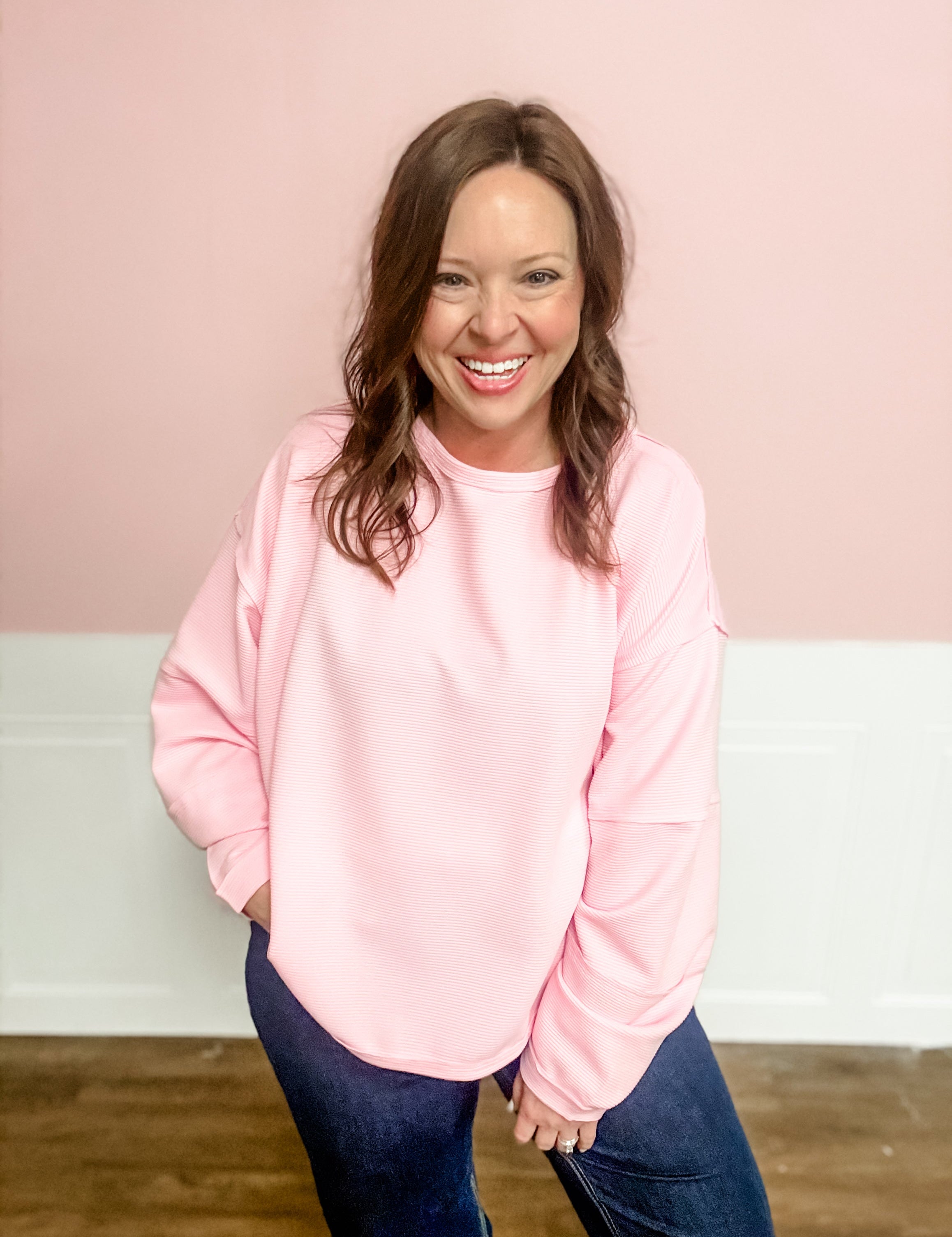 Blushing Breeze Ribbed Sweatshirt - Just a Small Town Girl