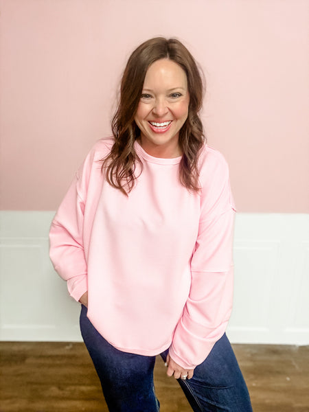 Blushing Breeze Ribbed Sweatshirt - Just a Small Town Girl