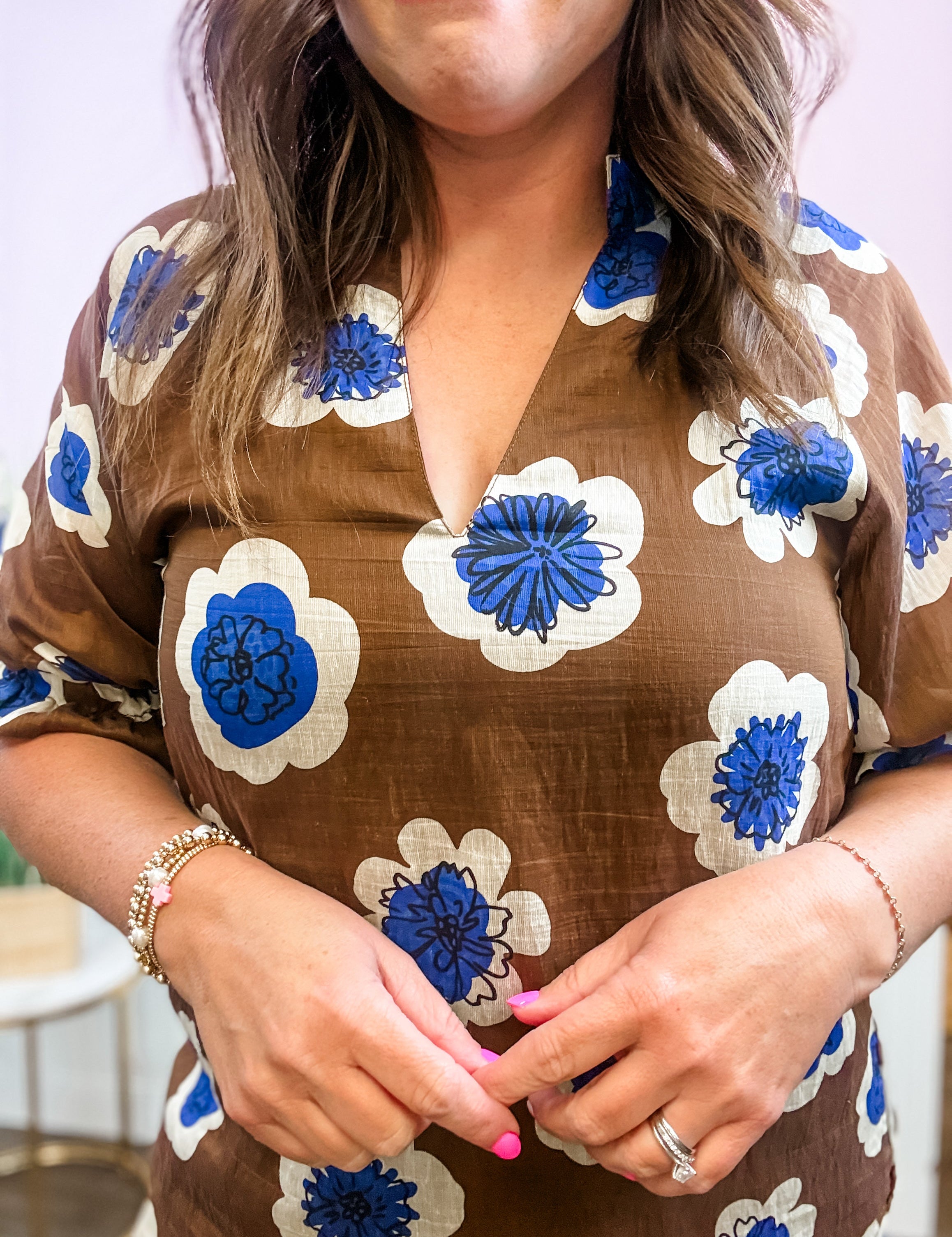 Brown Blue Floral Notch Collar Top - Just a Small Town Girl