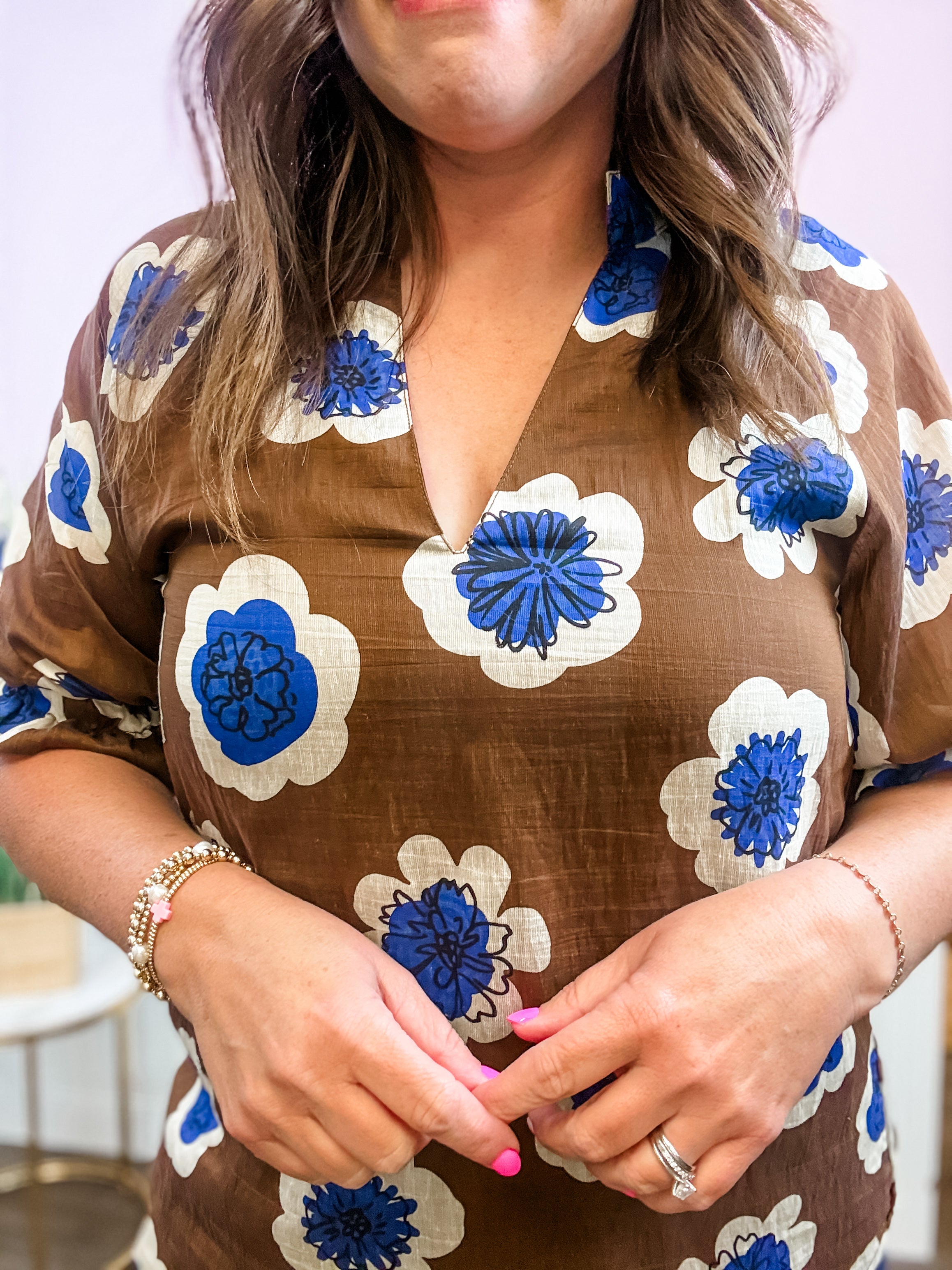 Brown Blue Floral Notch Collar Top - Just a Small Town Girl