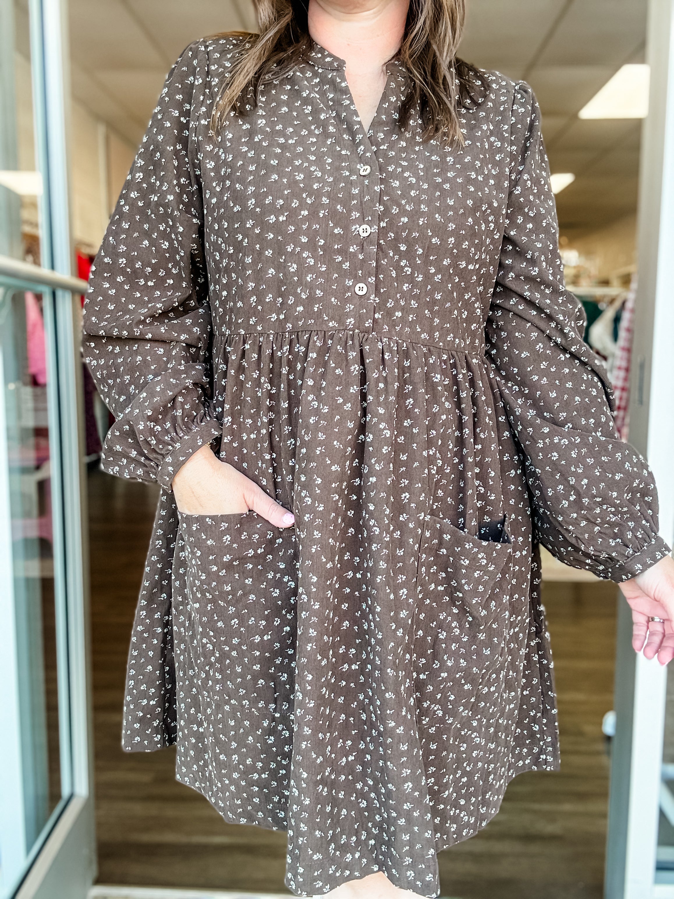 Brown Ditsy Floral Babydoll Dress - Just a Small Town Girl