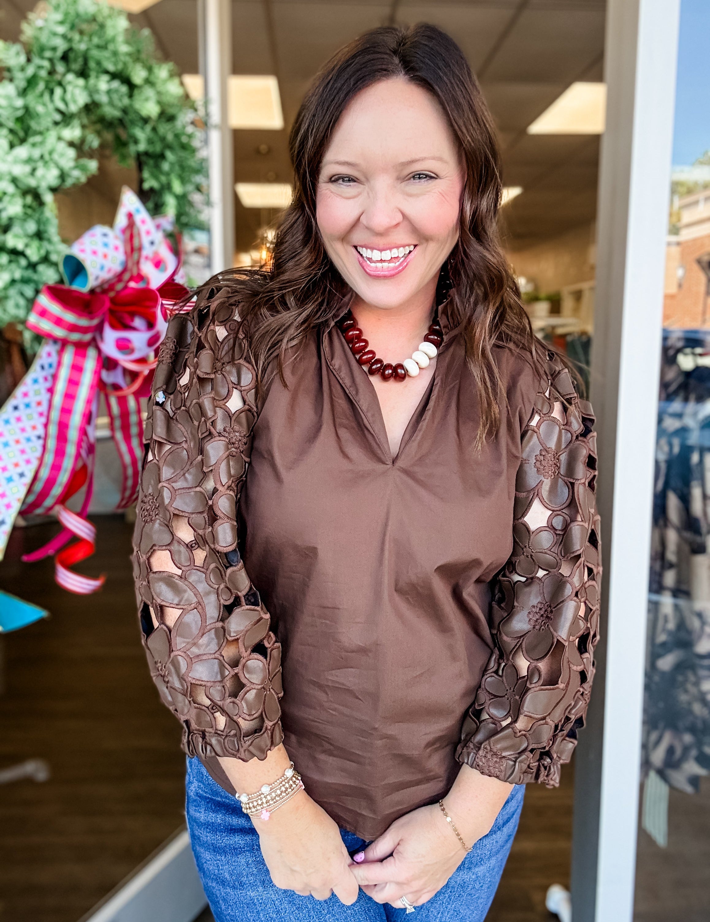 Brown Faux Leather Cutwork Sleeve Blouse - Just a Small Town Girl