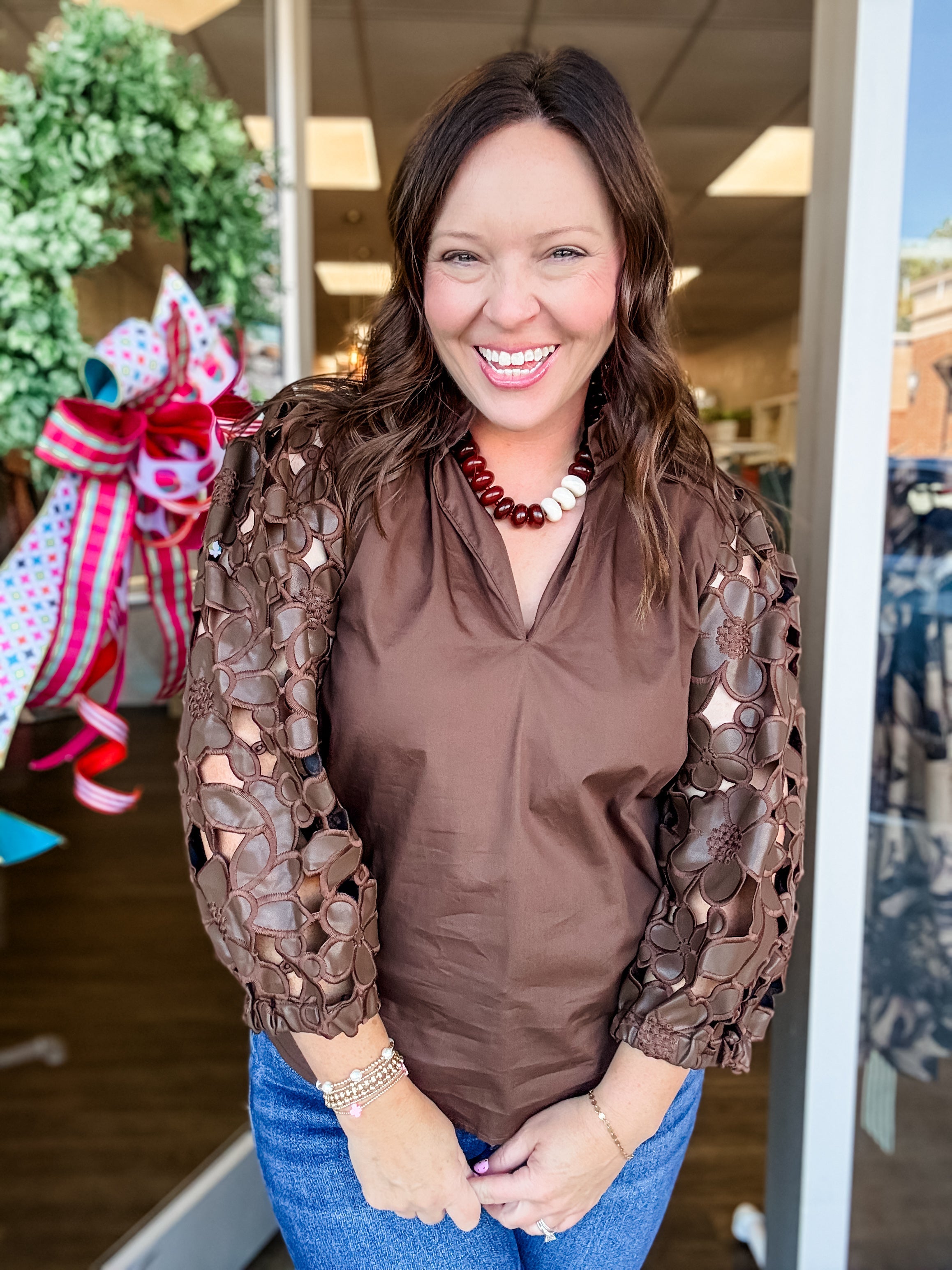 Brown Faux Leather Cutwork Sleeve Blouse - Just a Small Town Girl
