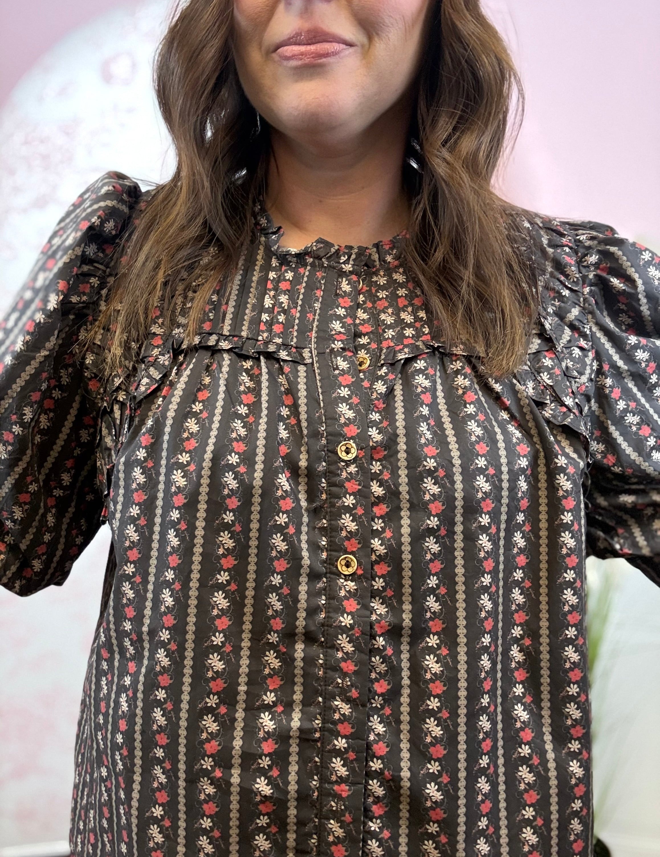 Brown Floral Ruffle-Trim Blouse - Just a Small Town Girl