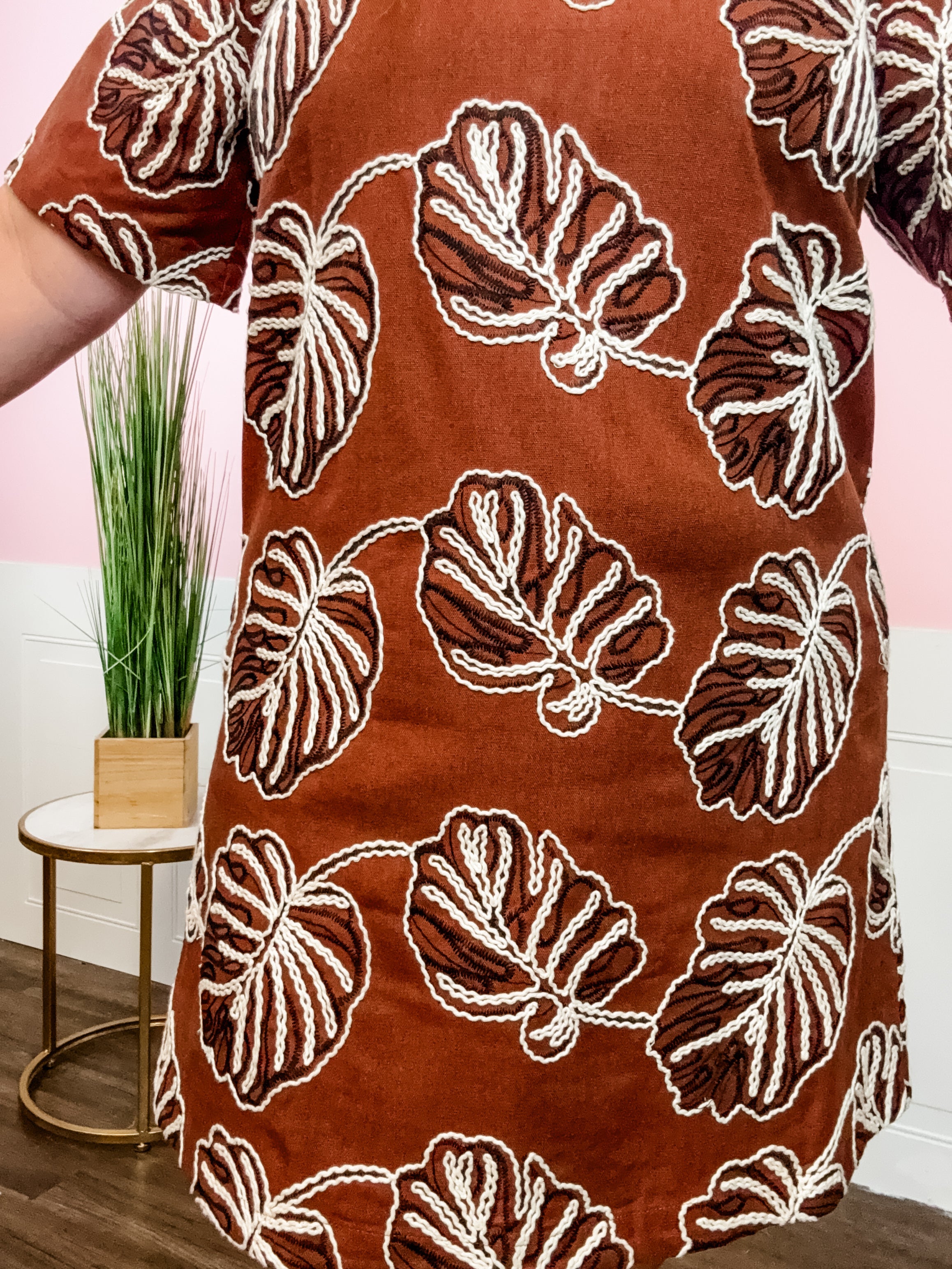 Brown Leaf Embroidered Crew Neck Dress - Just a Small Town Girl