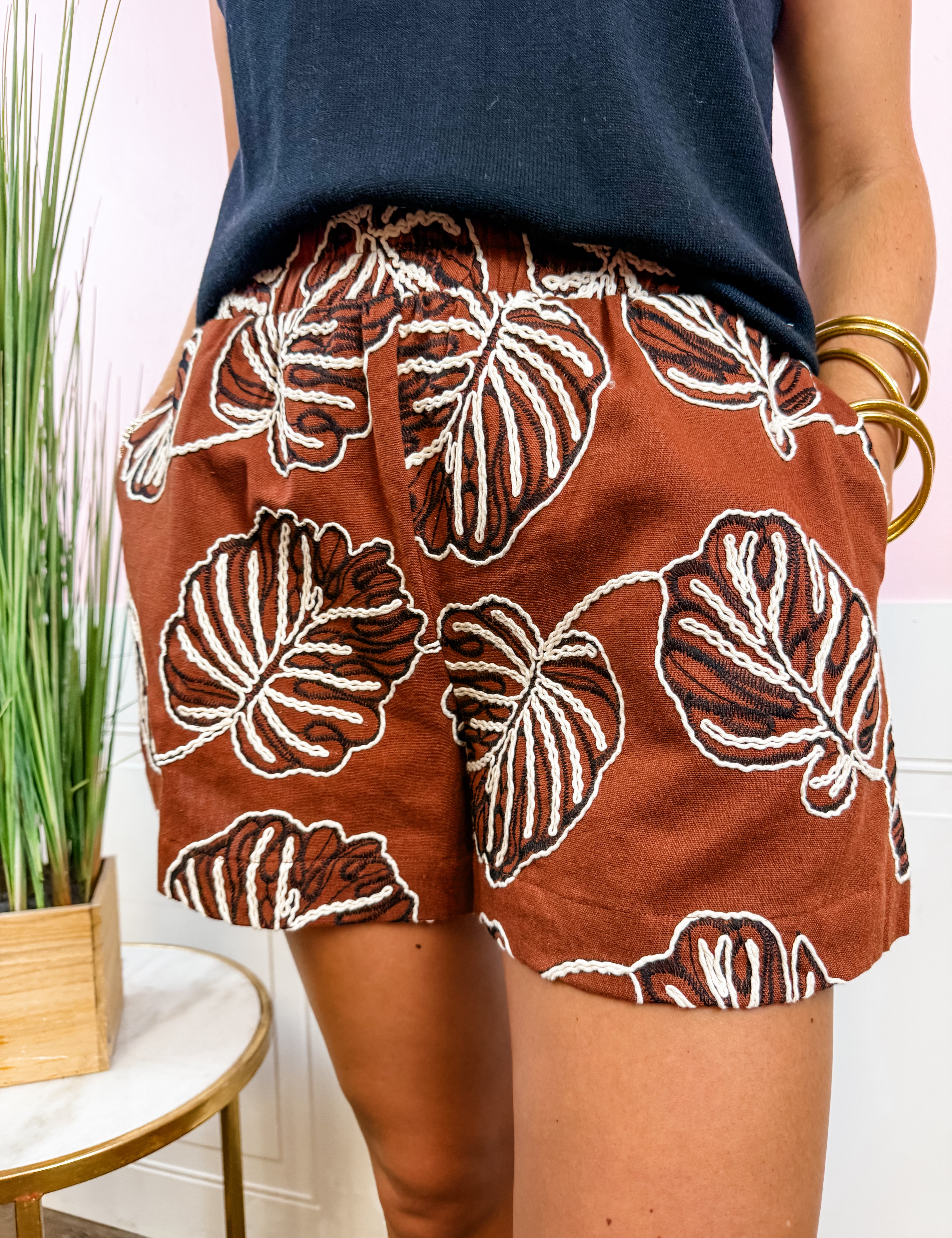 Brown Leaf Embroidered Tiered Shorts - Just a Small Town Girl
