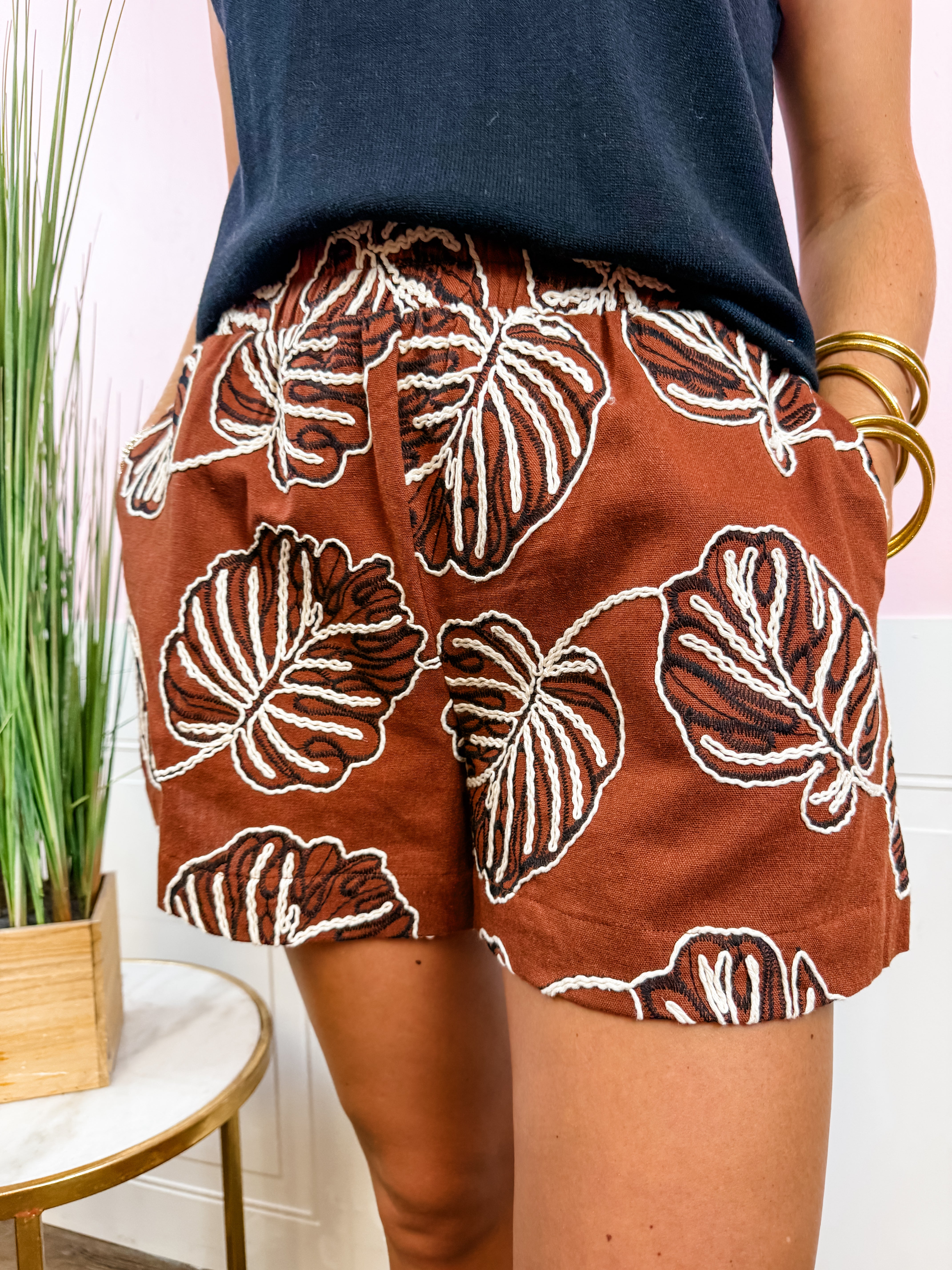 Brown Leaf Embroidered Tiered Shorts - Just a Small Town Girl