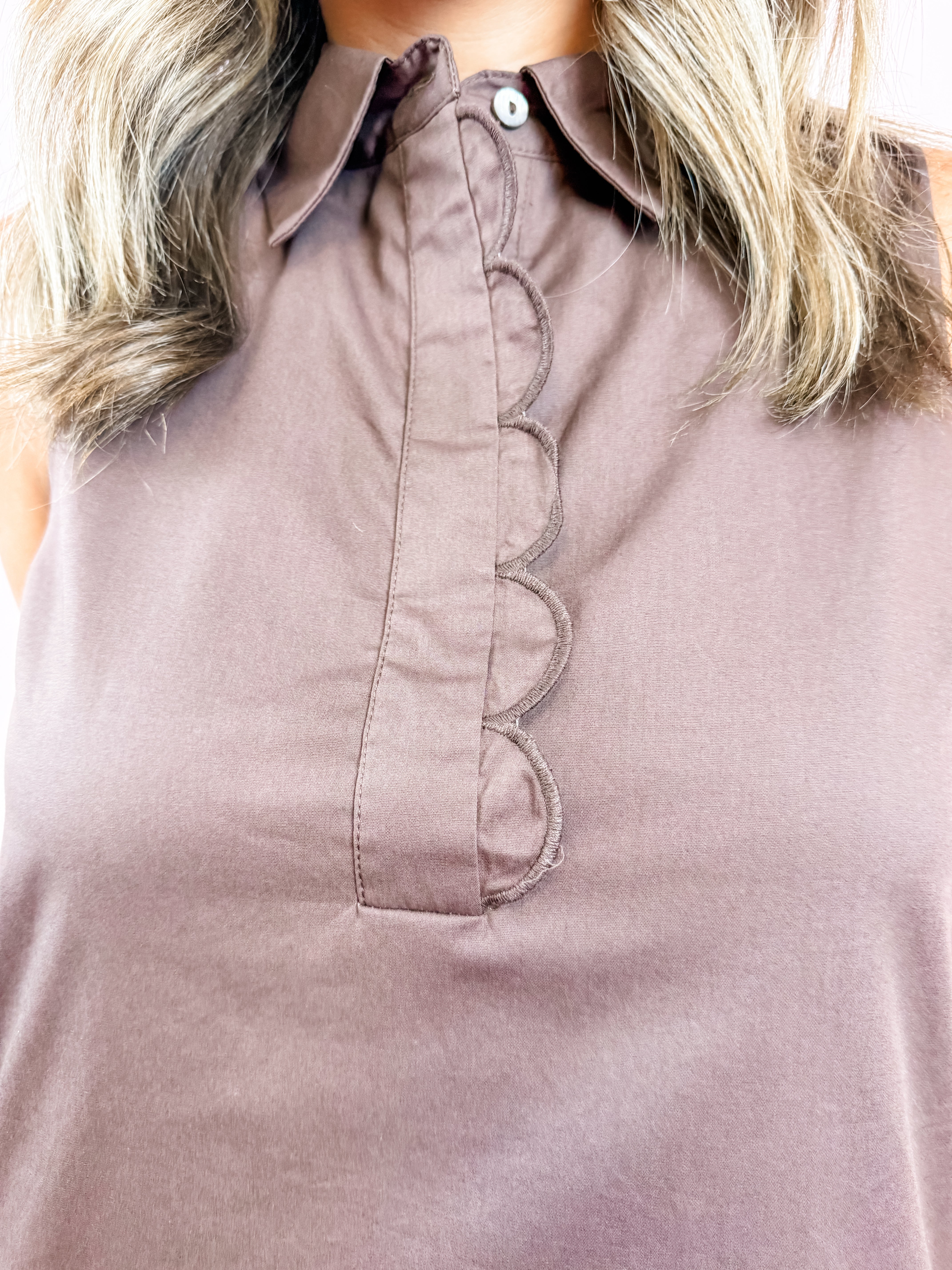 Brown Scalloped Collar Eyelet Hem Dress - Just a Small Town Girl