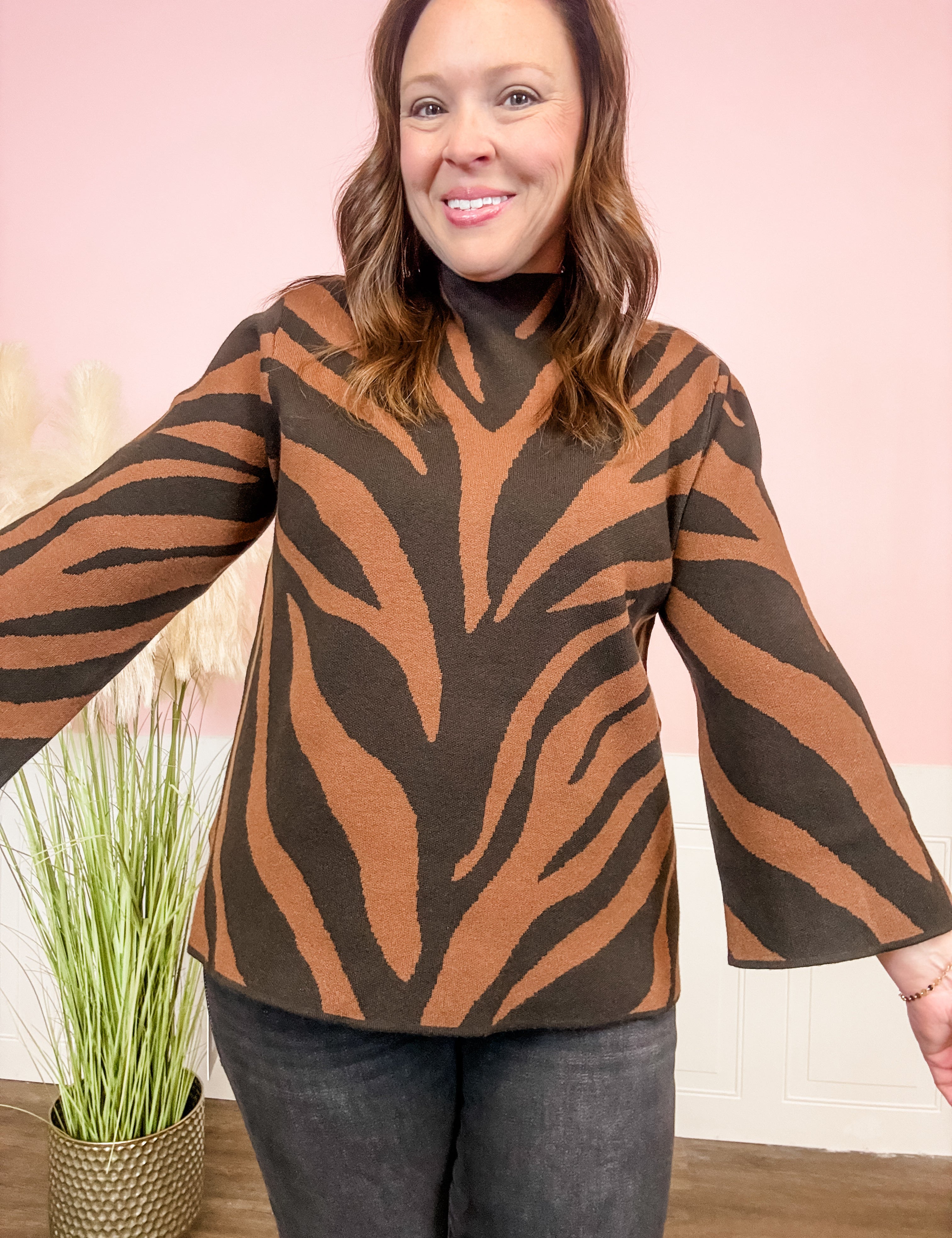 Brown Tiger Stripe Mock Neck Sweater - Just a Small Town Girl