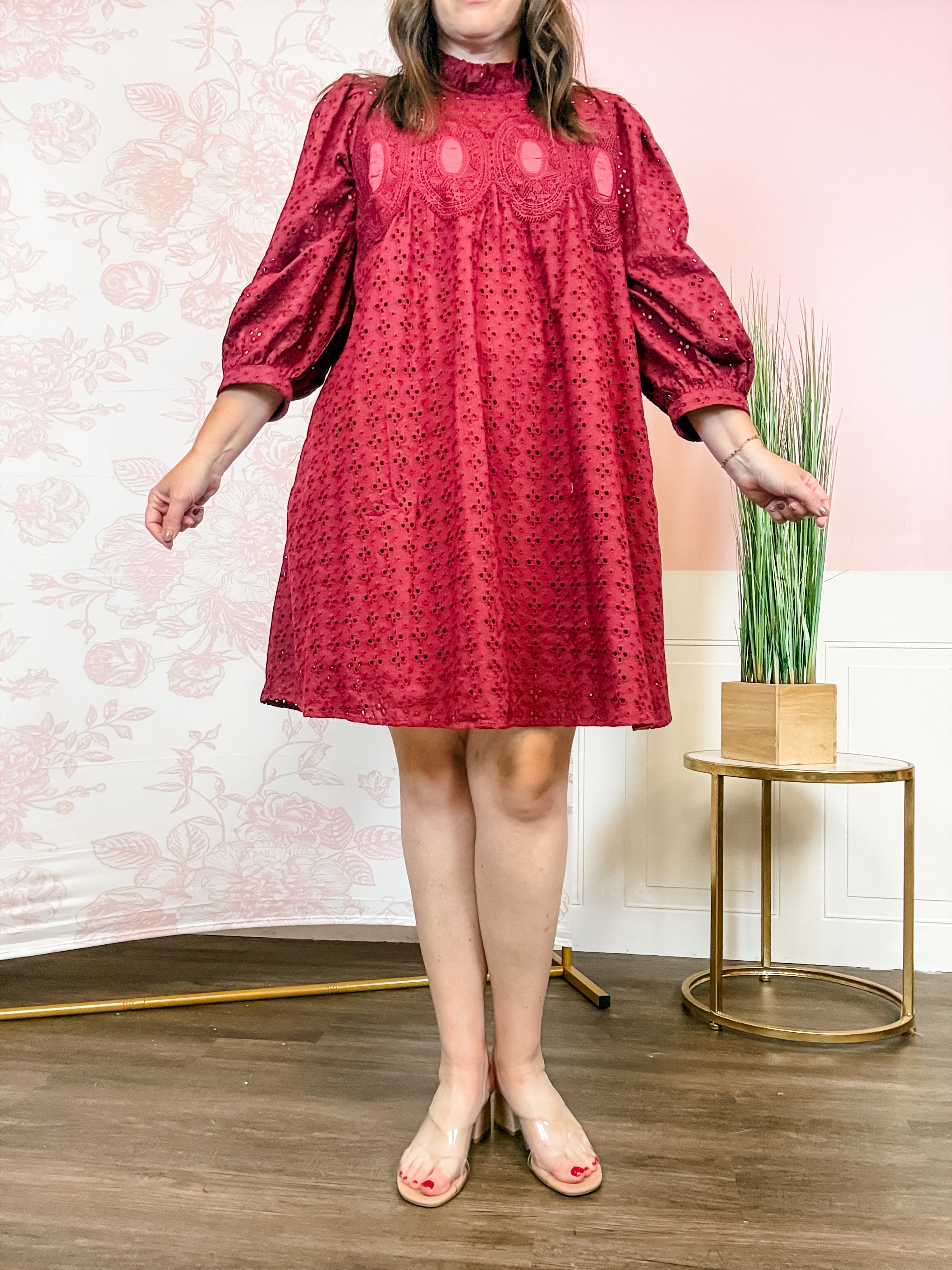 Burgundy Eyelet Puff-Sleeve Dress - Just a Small Town Girl