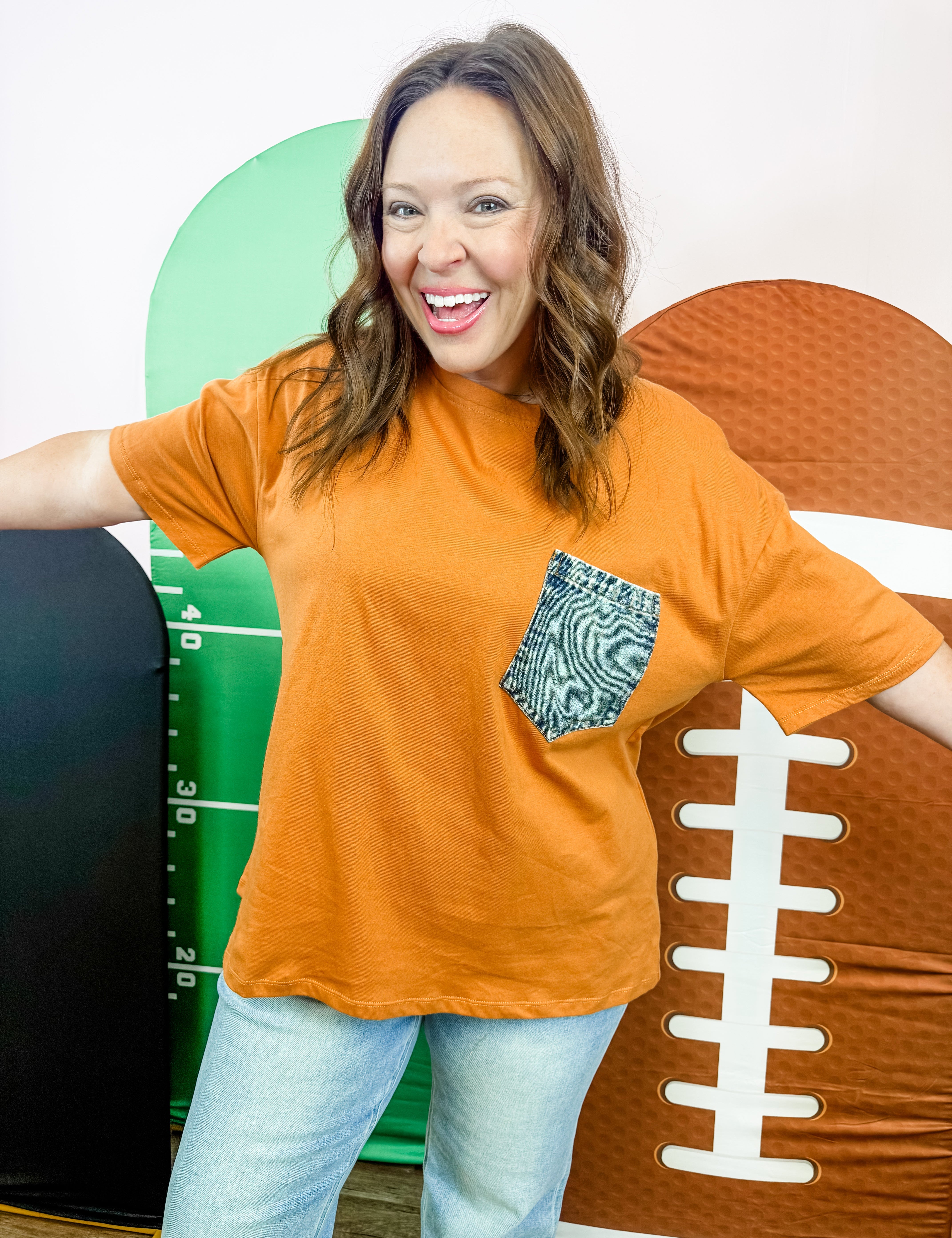 Burnt Orange Denim Pocket Tee - Just a Small Town Girl