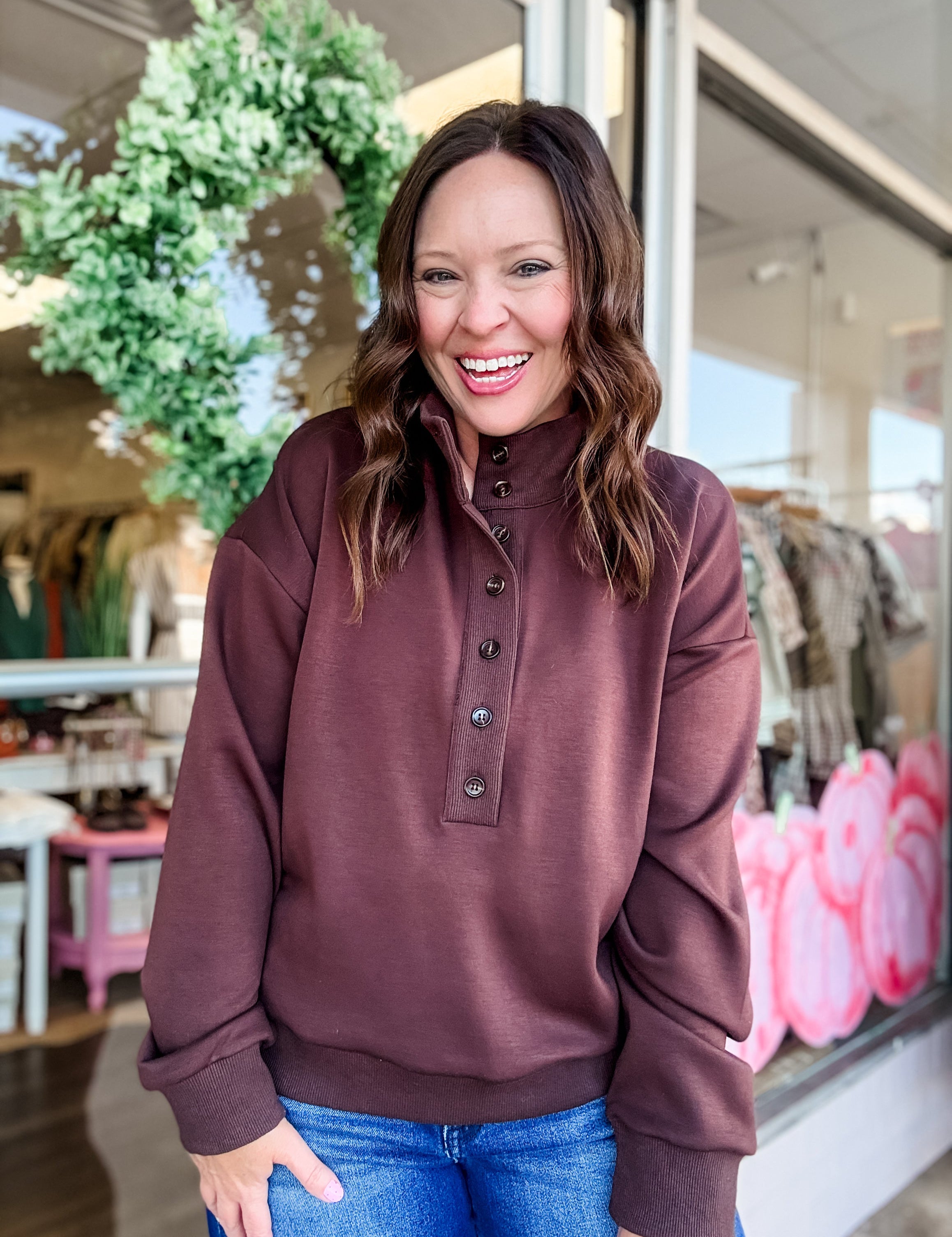 Button Henley Mock Neck Pullover - Just a Small Town Girl