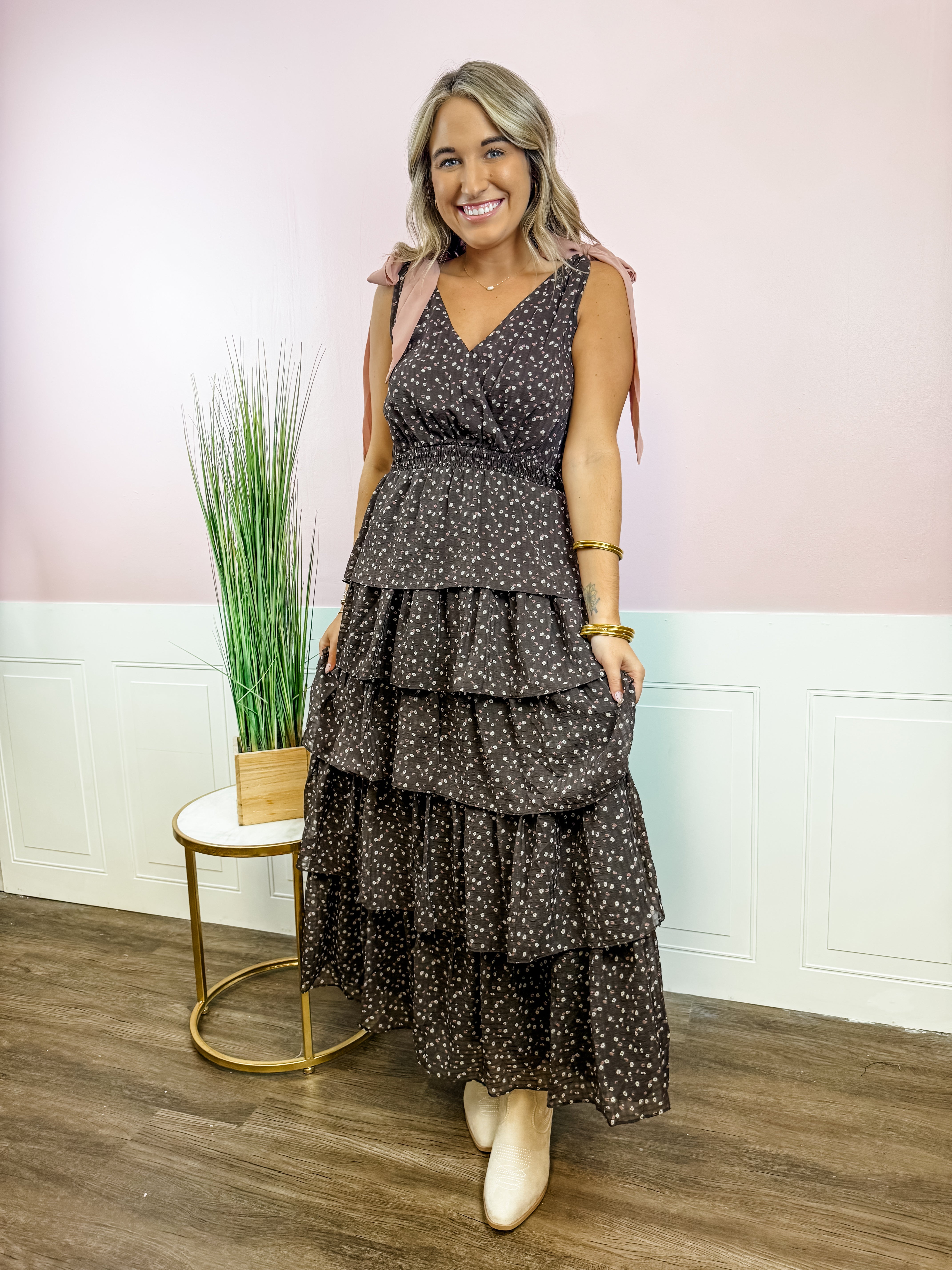 Cacao Floral Tiered Ruffle Maxi Dress - Just a Small Town Girl