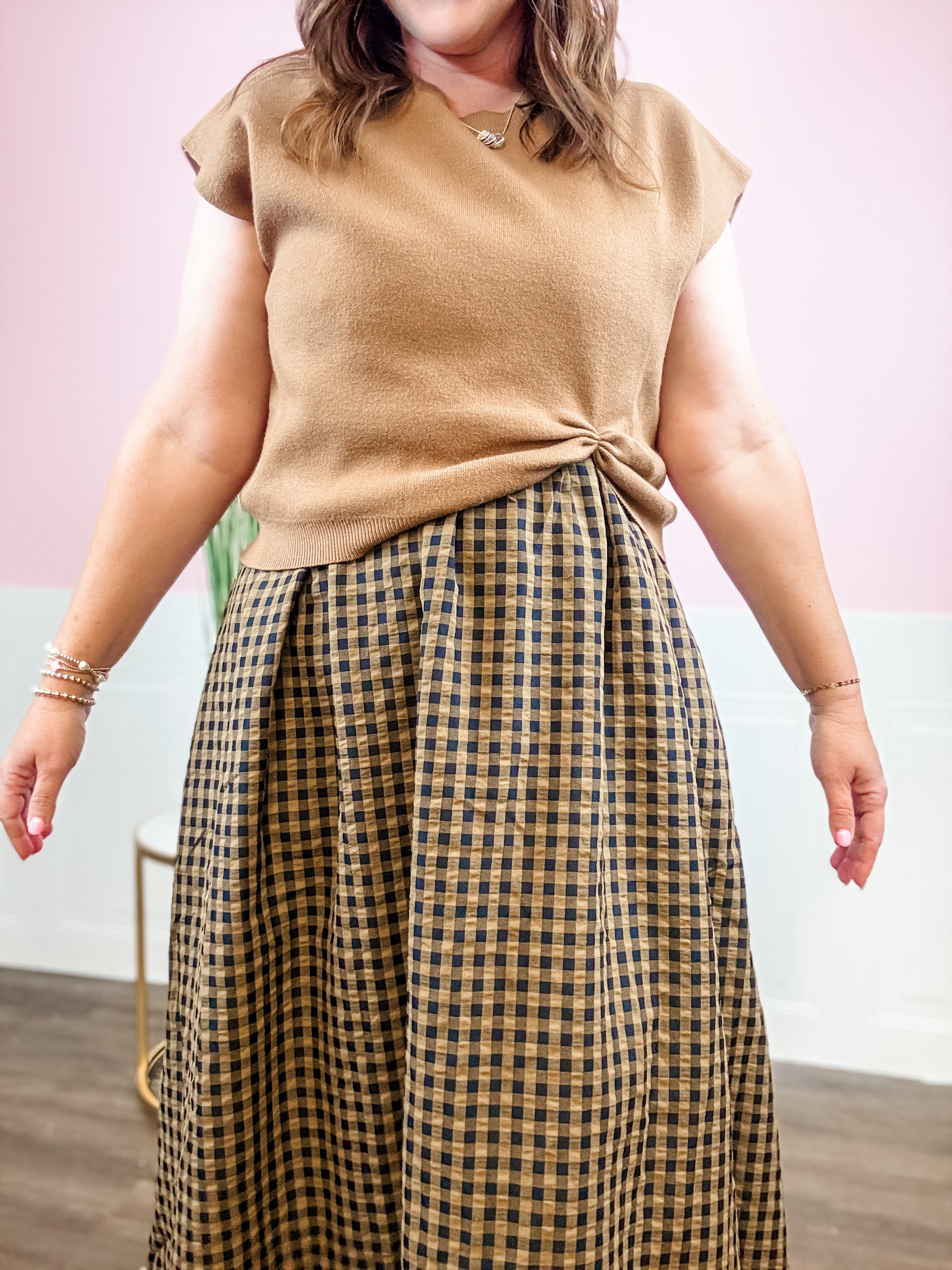 Camel Knit & Gingham Twist-Front Dress - Just a Small Town Girl