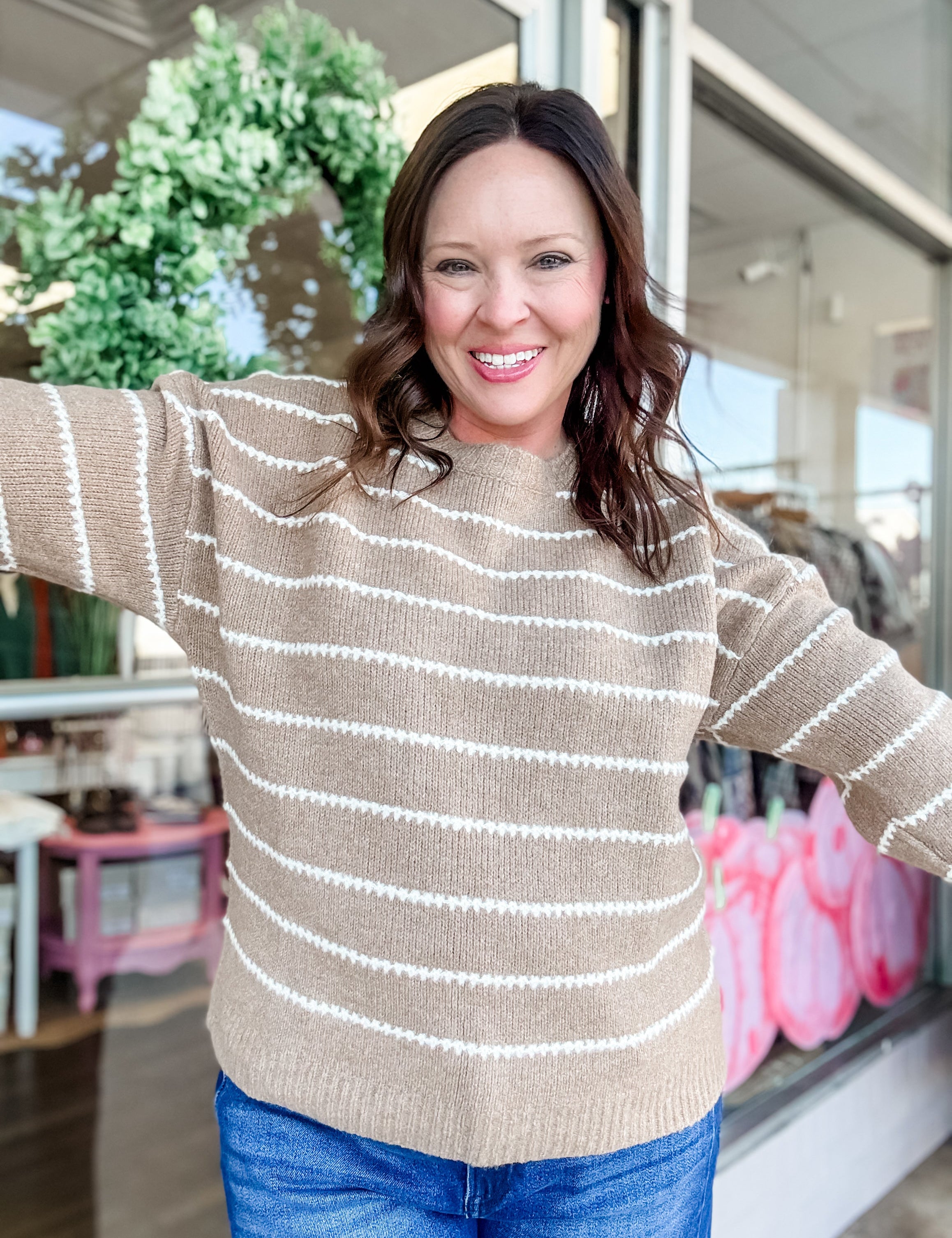 Camel Striped Crewneck Sweater - Just a Small Town Girl