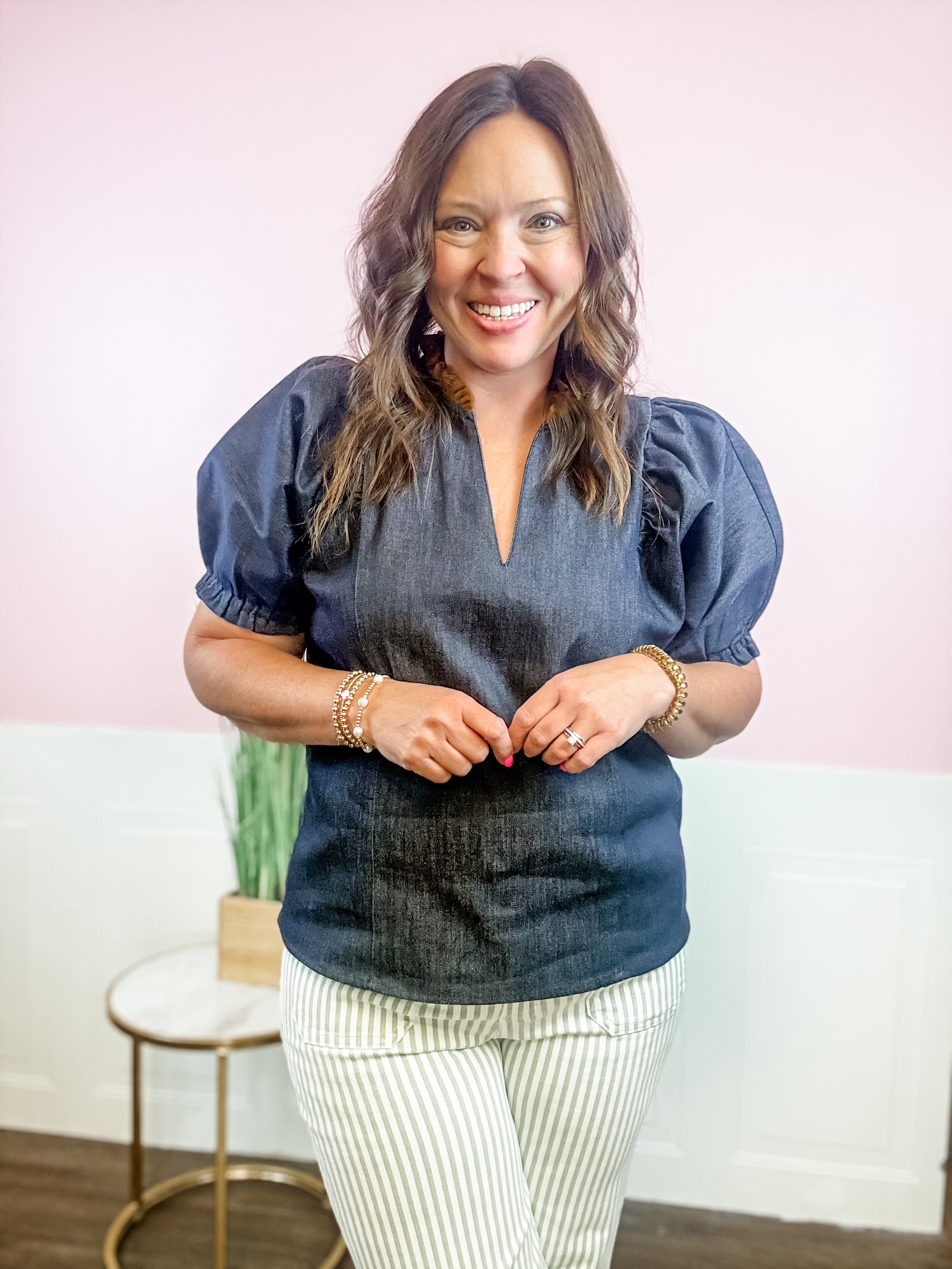 Chambray Puff Sleeve Top - Just a Small Town Girl