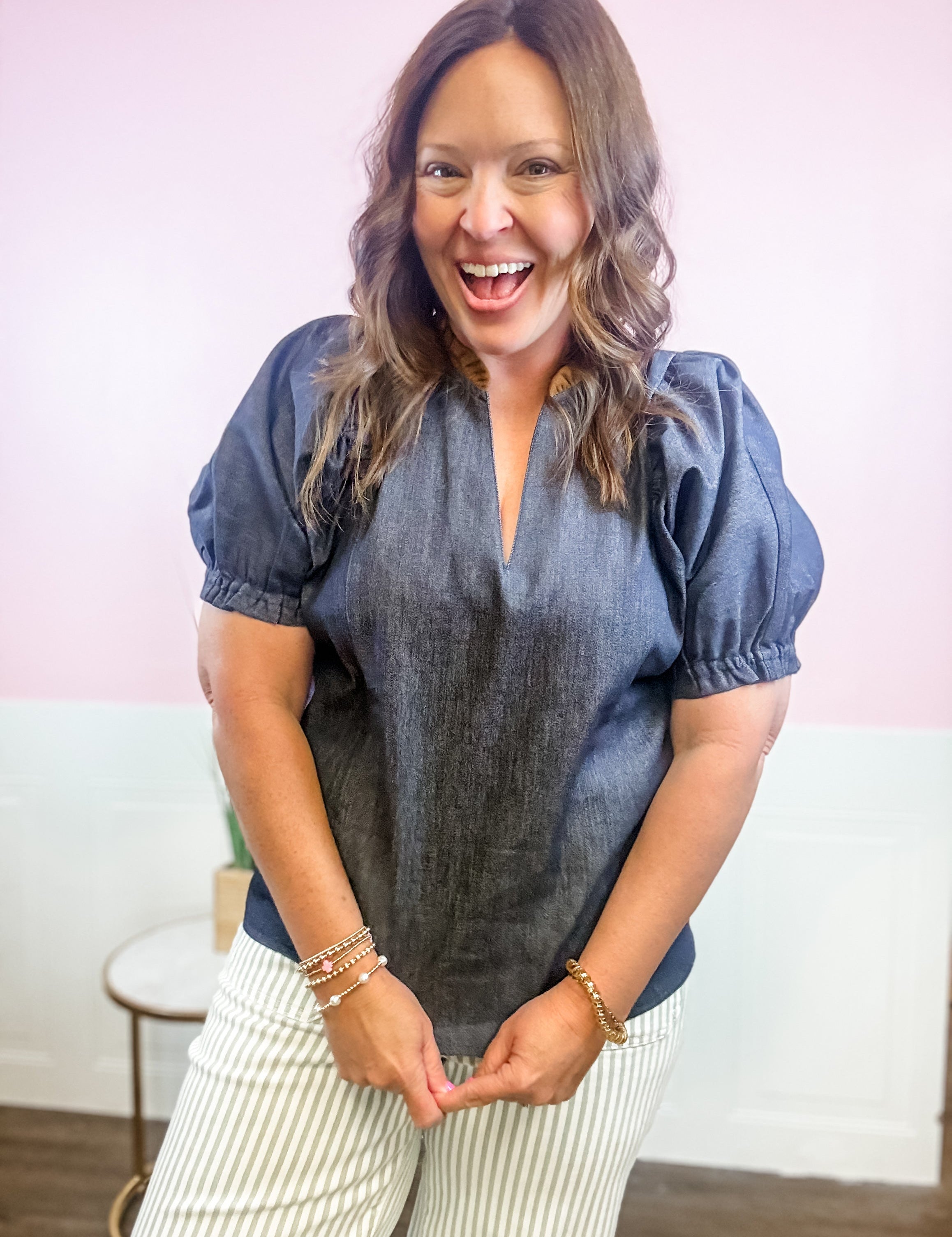 Chambray Puff Sleeve Top - Just a Small Town Girl