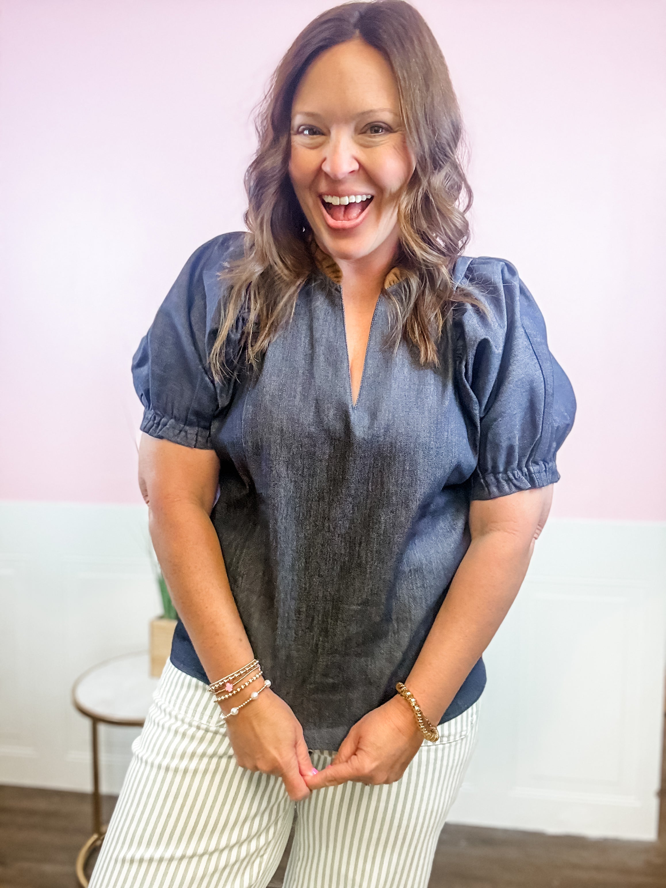 Chambray Puff Sleeve Top - Just a Small Town Girl