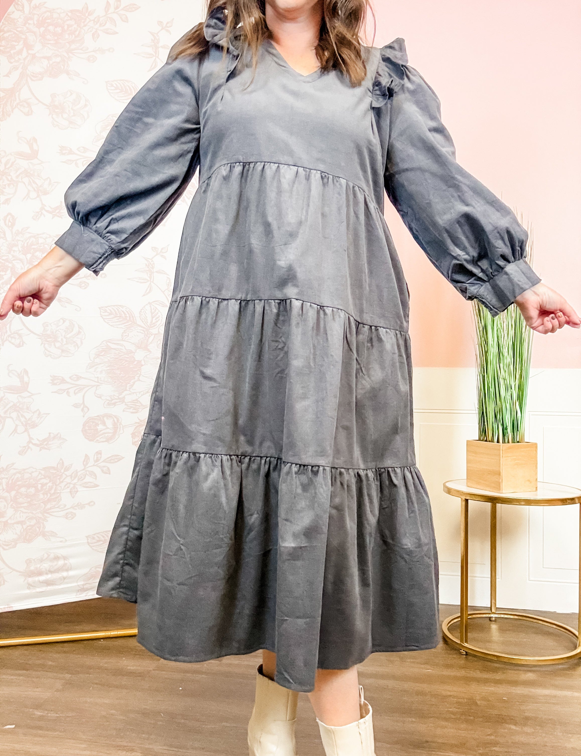 Charcoal Ruffle Tiered Midi Dress - Just a Small Town Girl