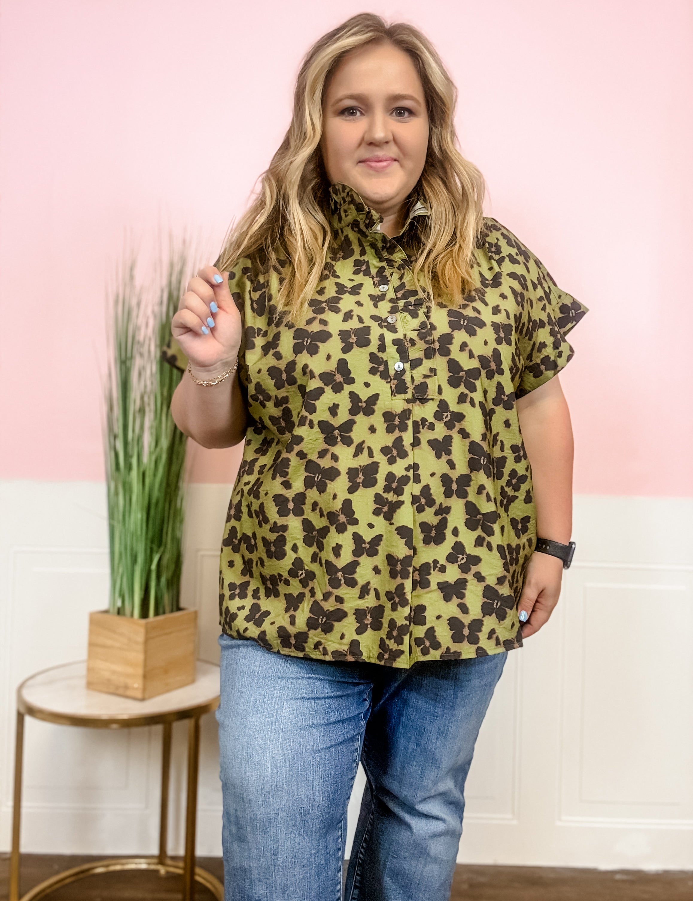 Chartreuse Floral Ruffle-Collar Top - Just a Small Town Girl