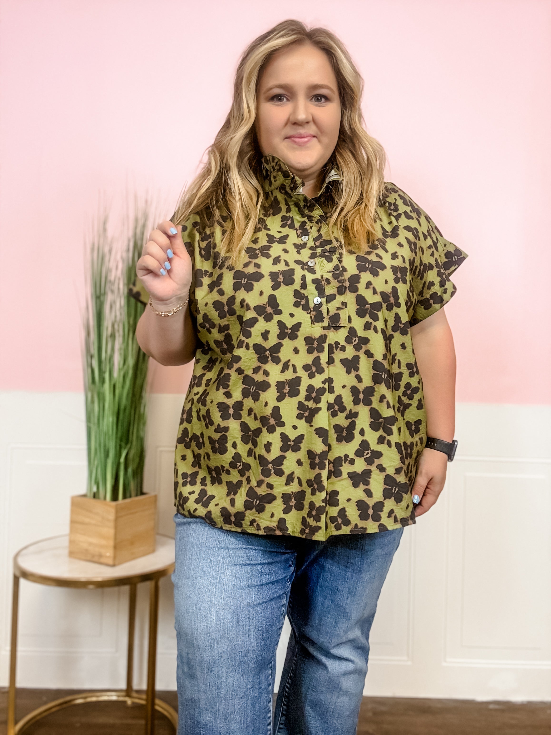 Chartreuse Floral Ruffle-Collar Top - Just a Small Town Girl