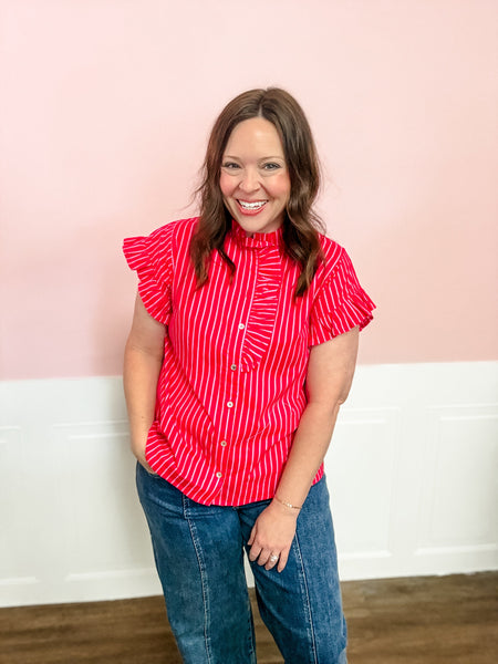 Cherry Stripe Ruffle Blouse - Just a Small Town Girl
