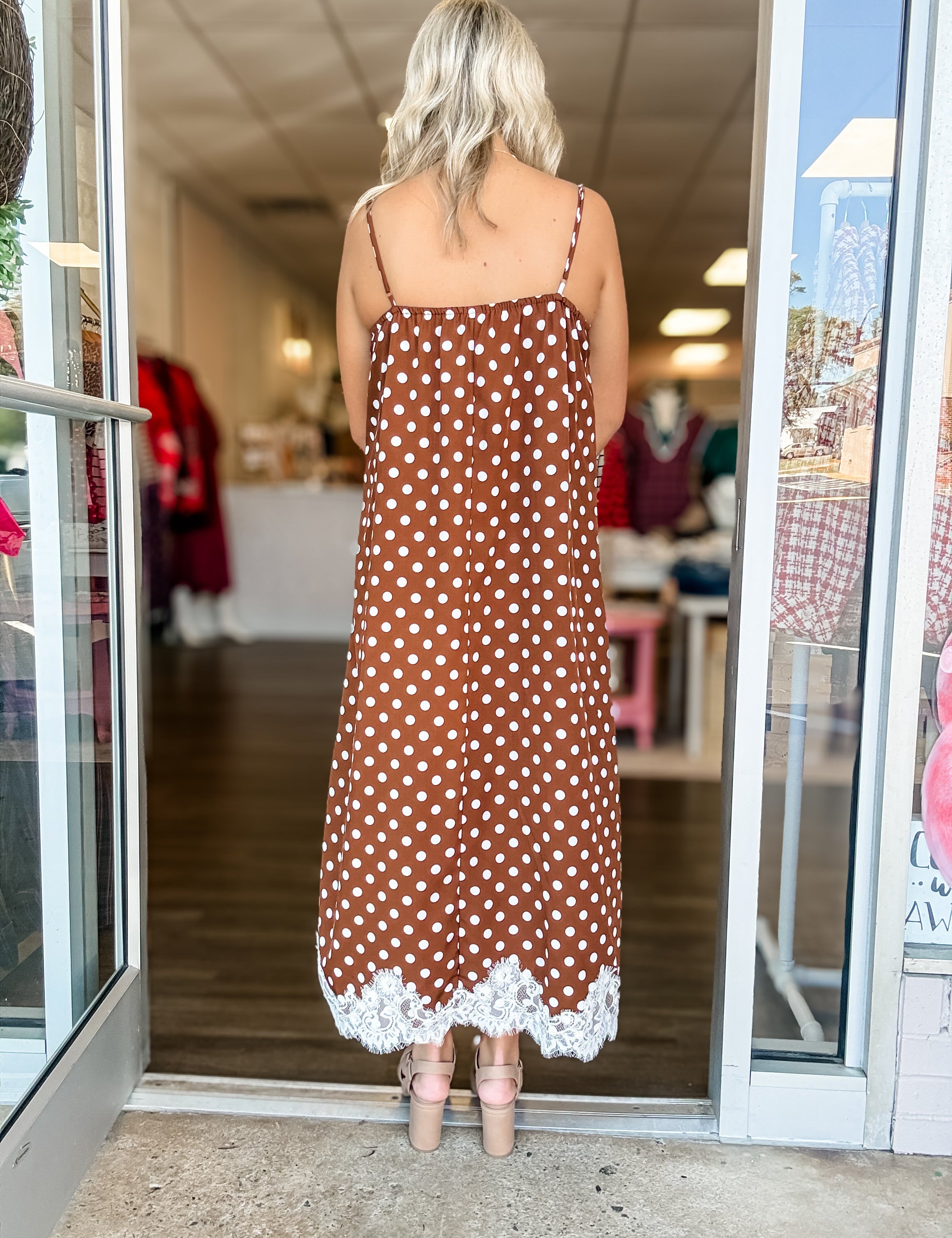Chestnut Polka Dot Lace Trim Slip Dress - Just a Small Town Girl