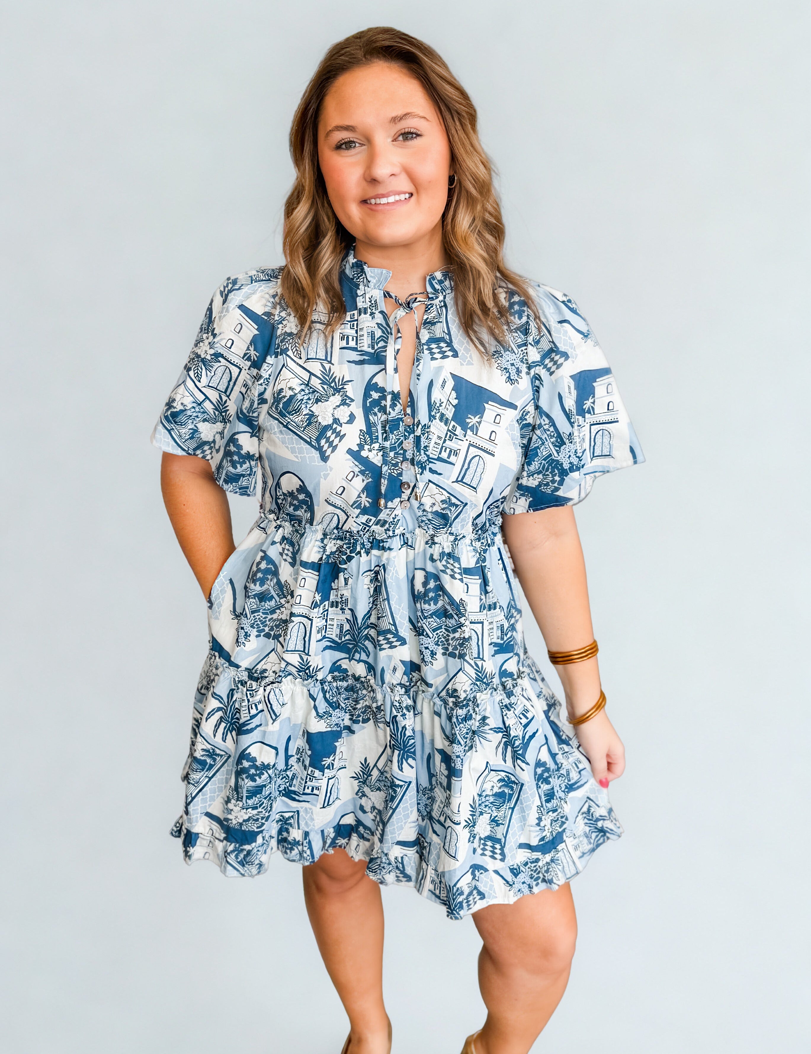 Coastal Toile Tiered Peplum Dress - Just a Small Town Girl