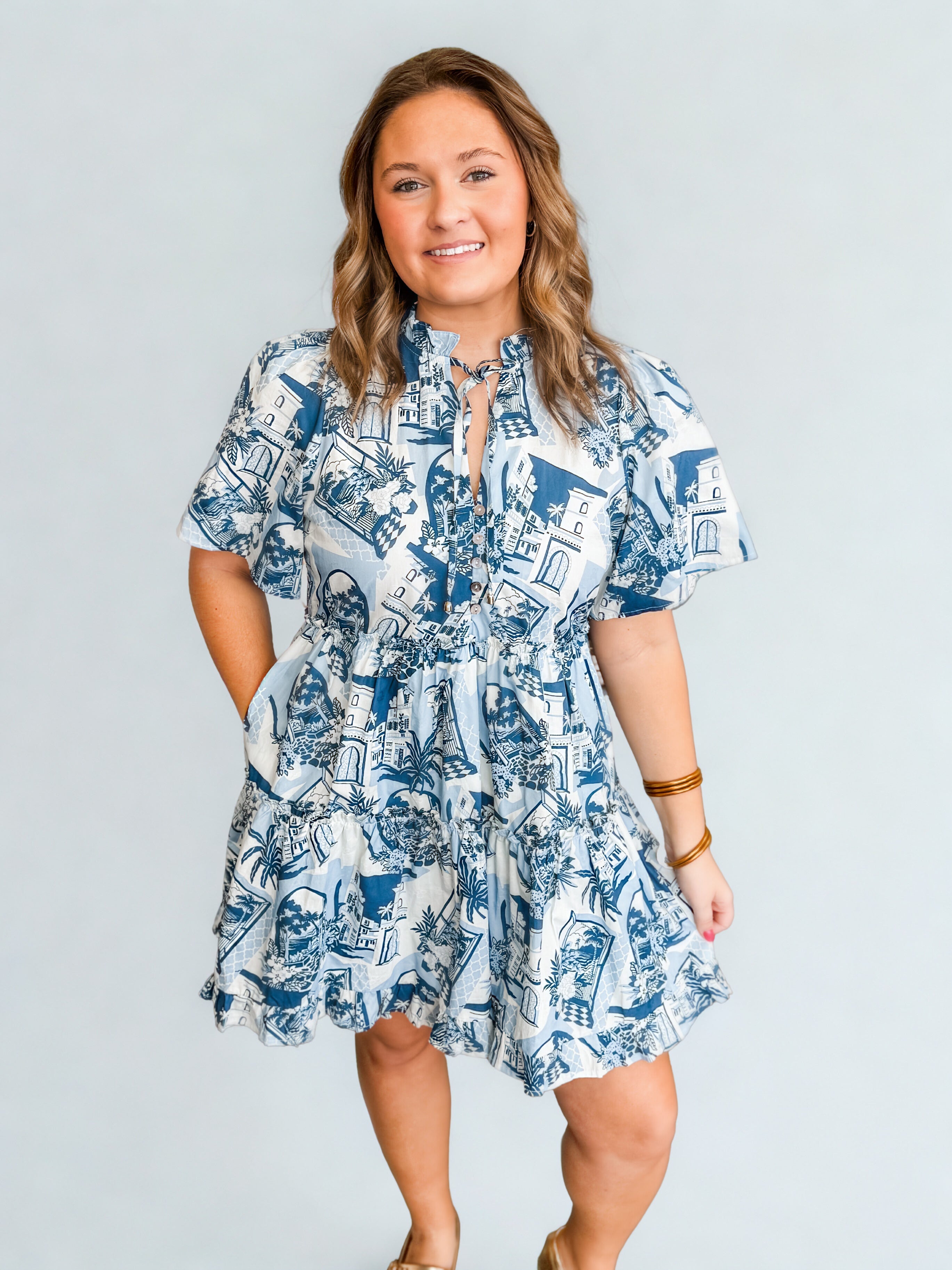 Coastal Toile Tiered Peplum Dress - Just a Small Town Girl