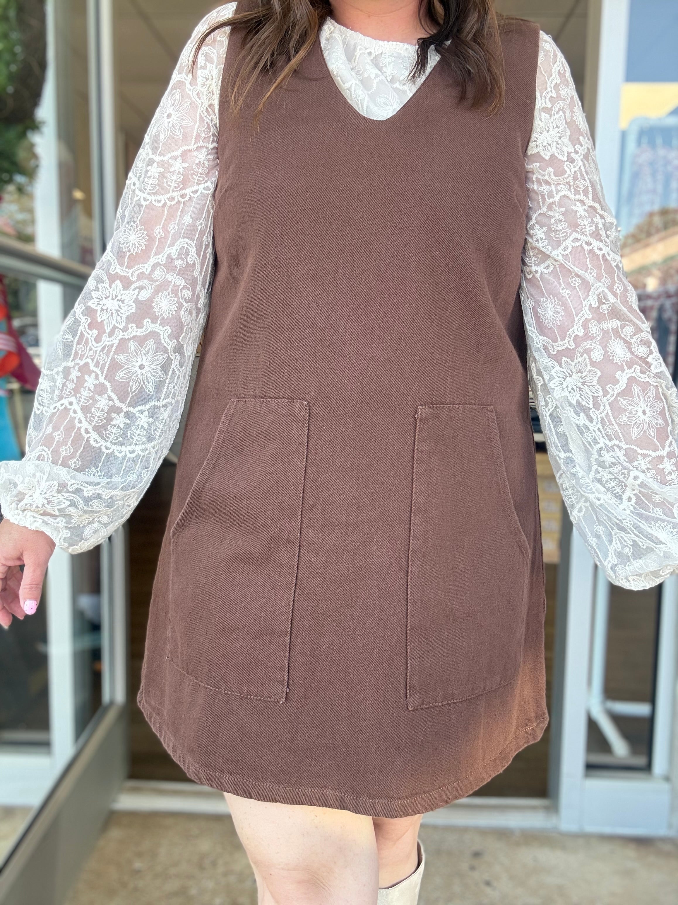 Cocoa Twill V-Neck Jumper Dress - Just a Small Town Girl