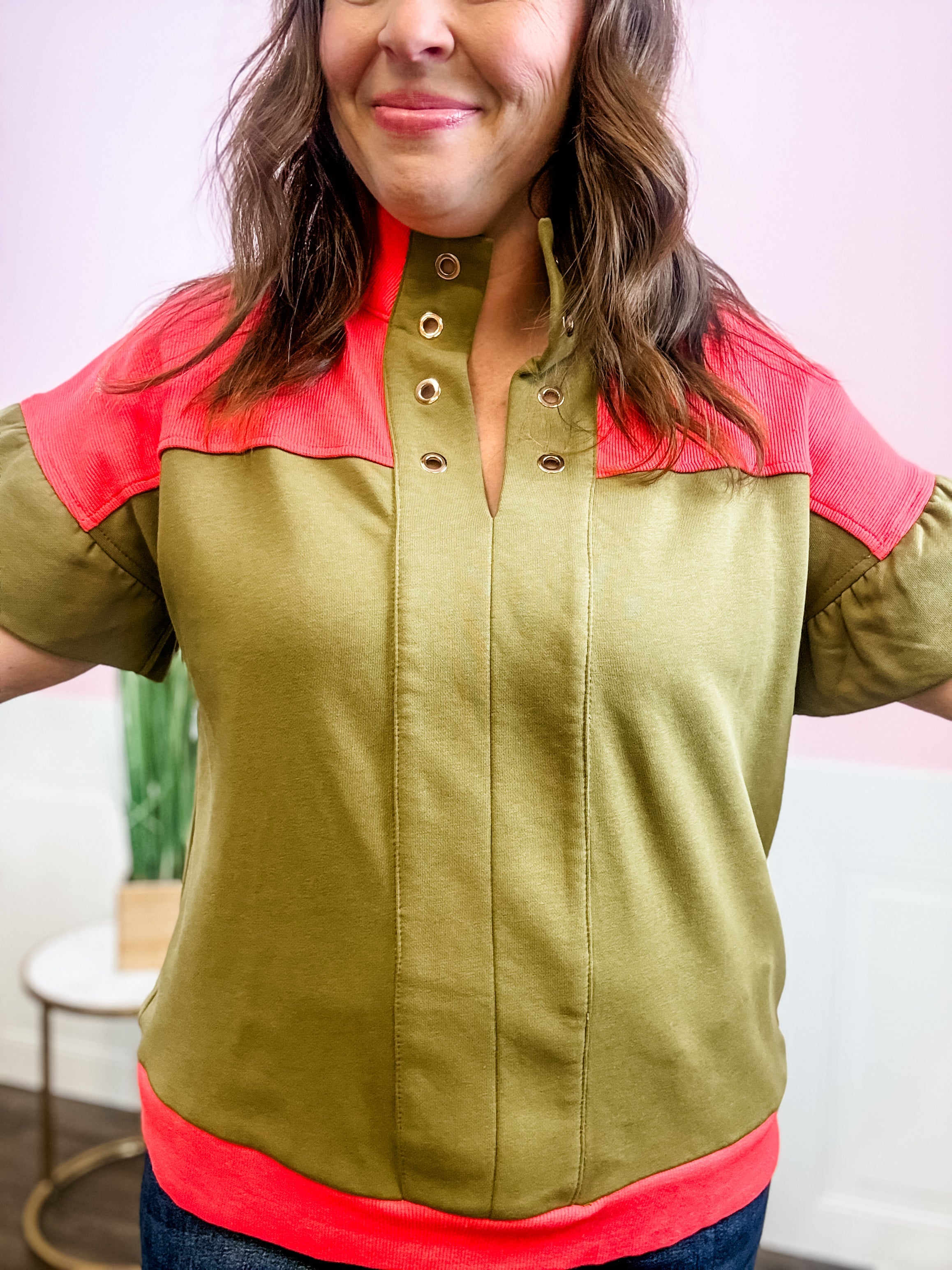 Colorblock Grommet Collar Top - Just a Small Town Girl