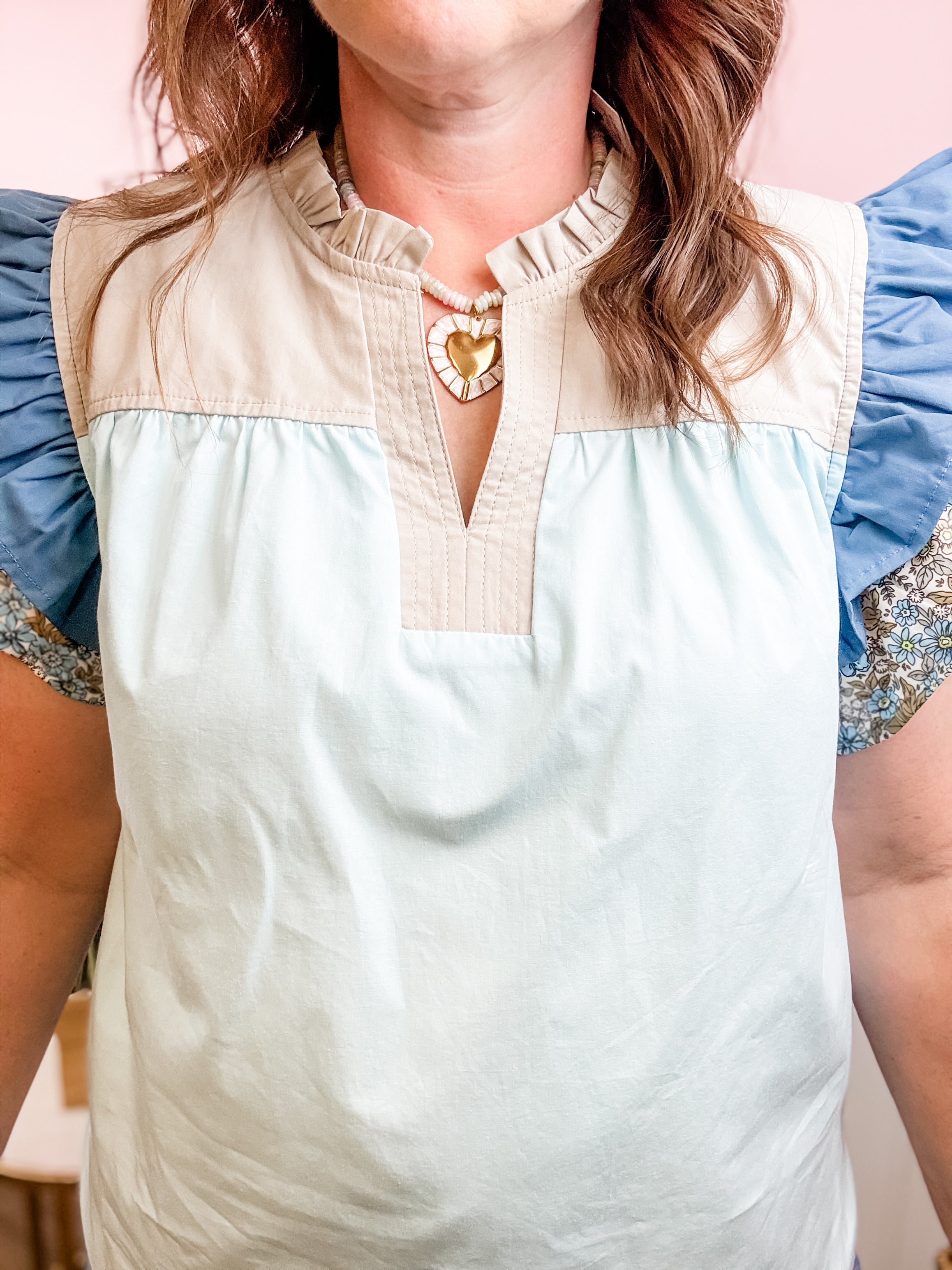 Colorblock Ruffle Neck Top - Just a Small Town Girl