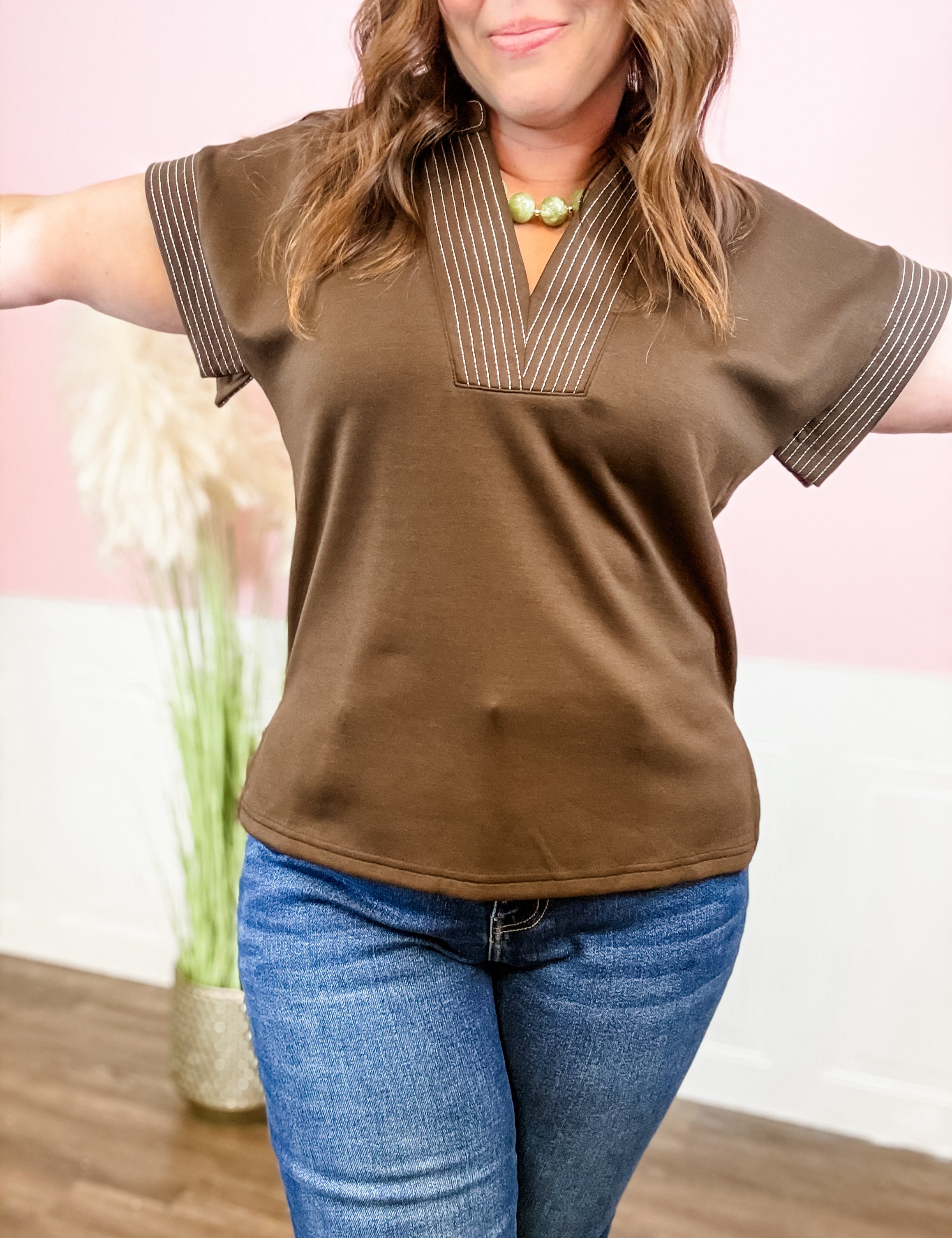 Contrast Stitch Collared Top - Just a Small Town Girl