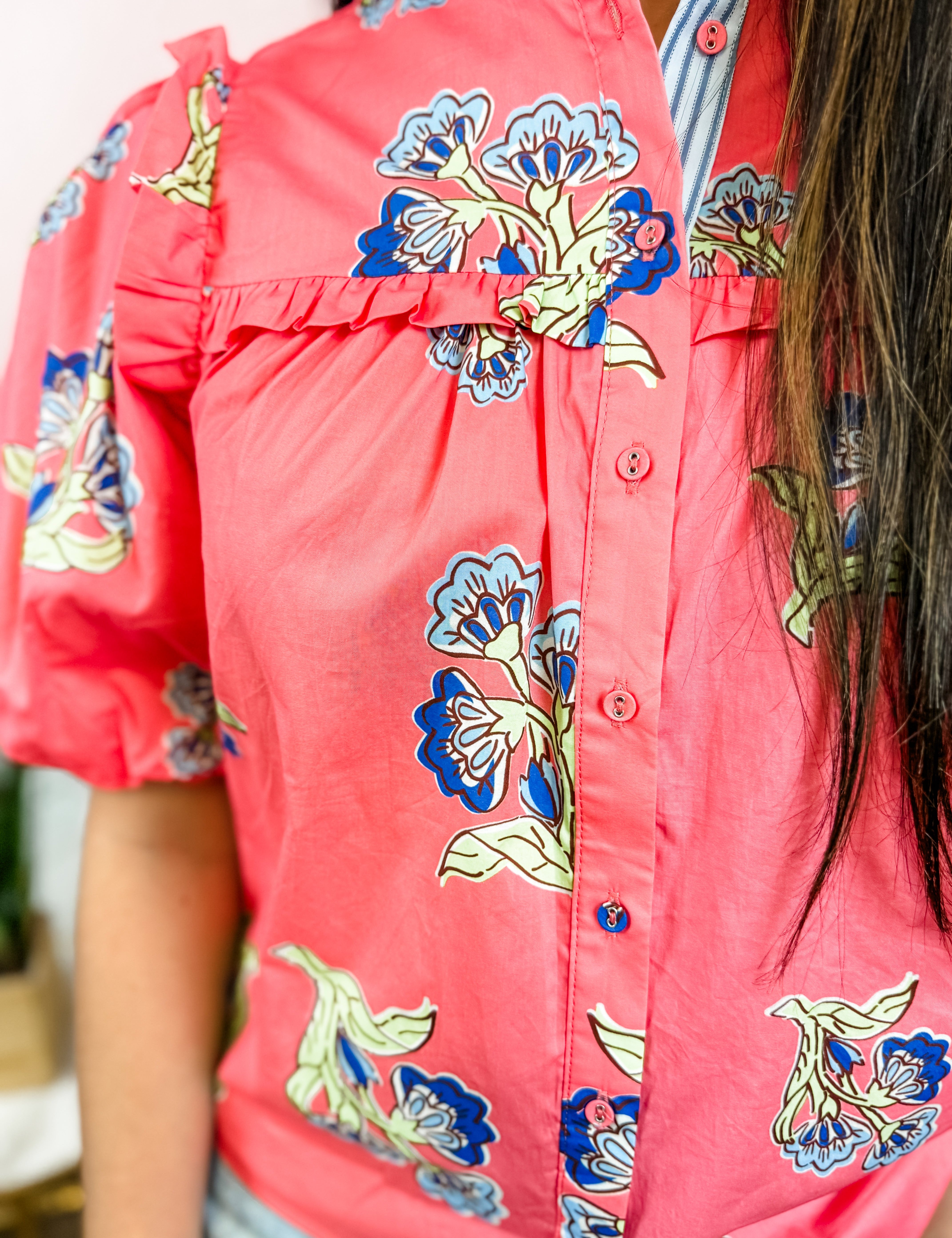 Coral Bluebell Ruffle Blouse - Just a Small Town Girl