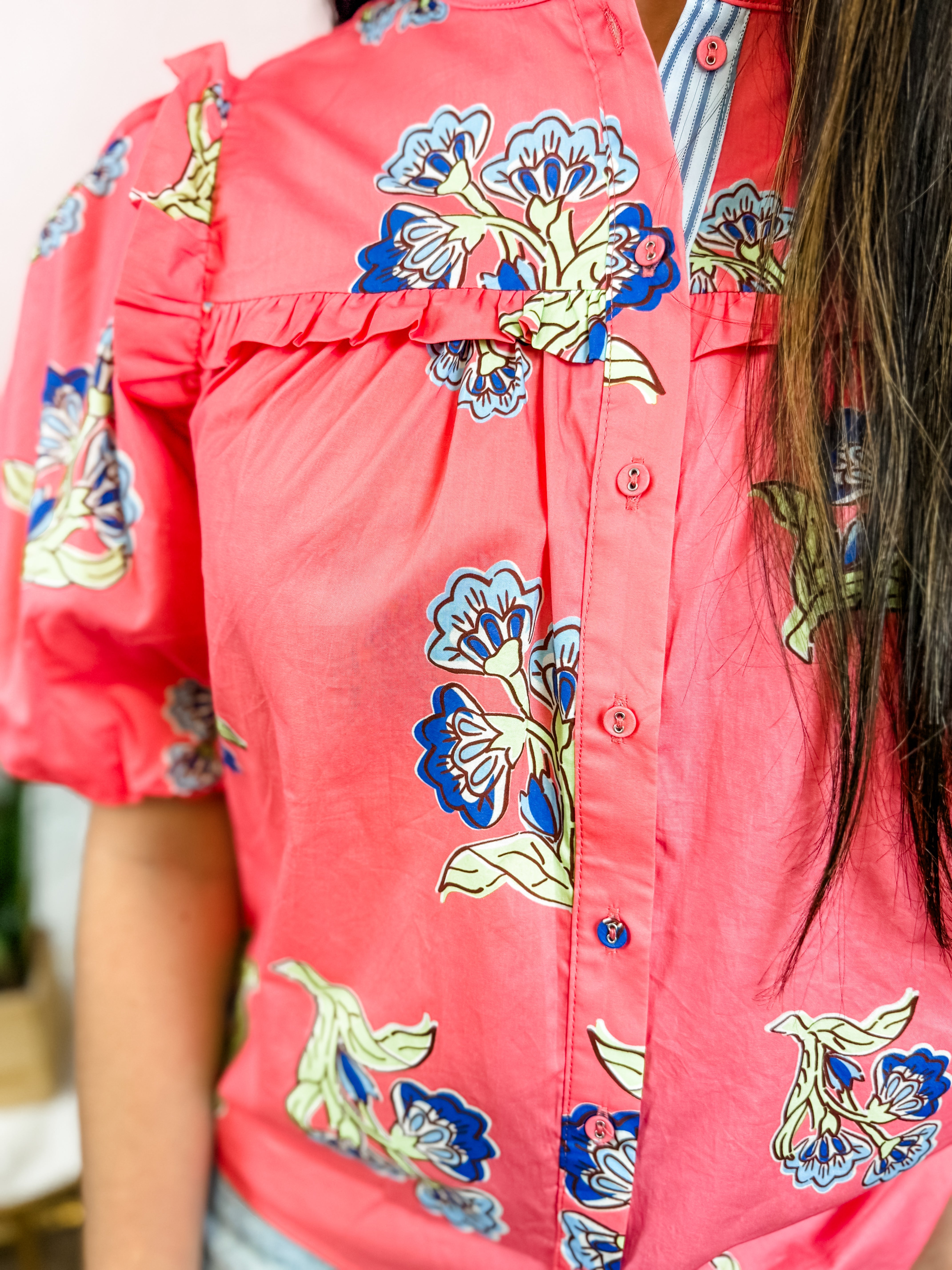 Coral Bluebell Ruffle Blouse - Just a Small Town Girl