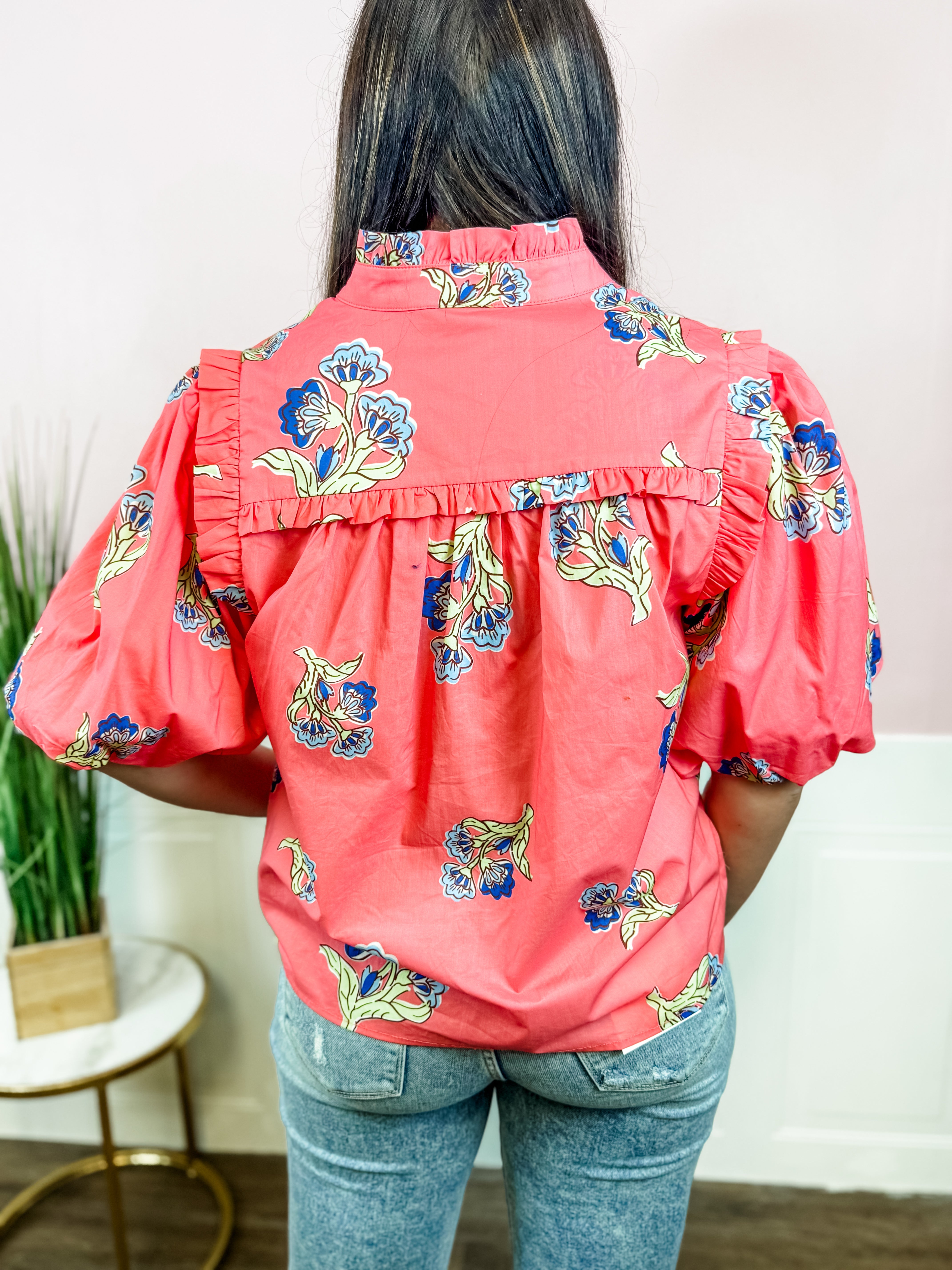 Coral Bluebell Ruffle Blouse - Just a Small Town Girl