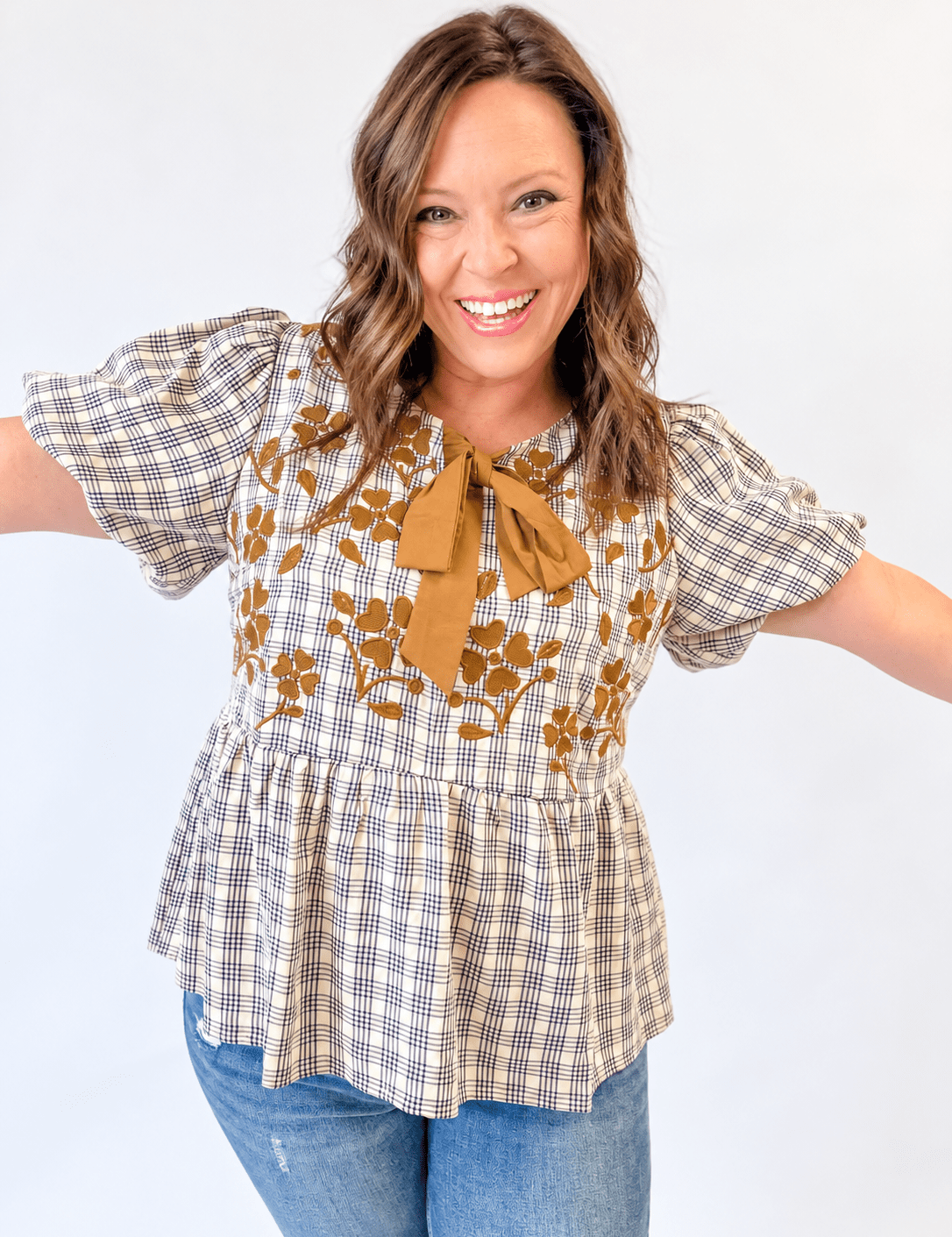 Cream Plaid Embroidered Peplum Top - Just a Small Town Girl
