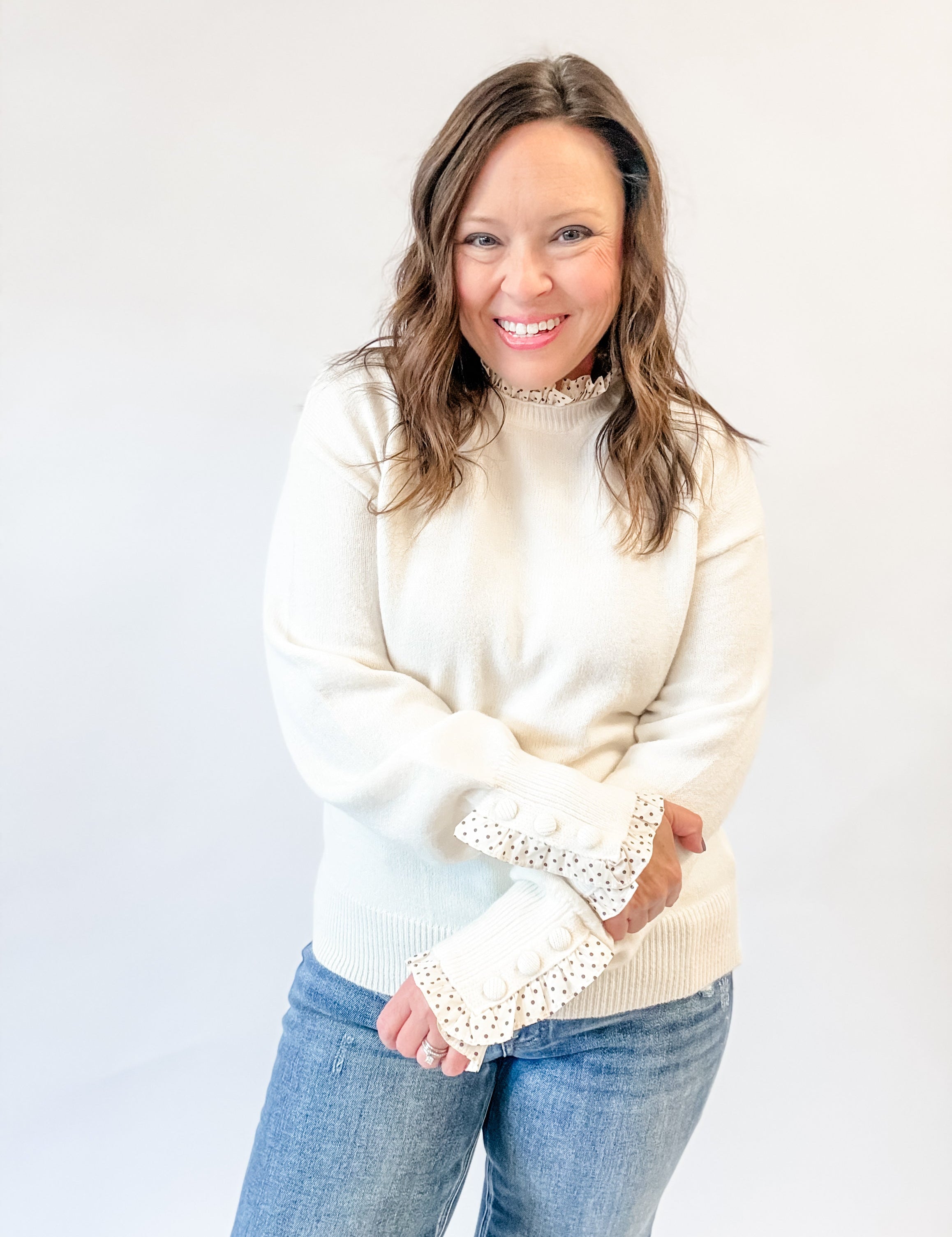 Cream Polka Dot Ruffle Sweater - Just a Small Town Girl