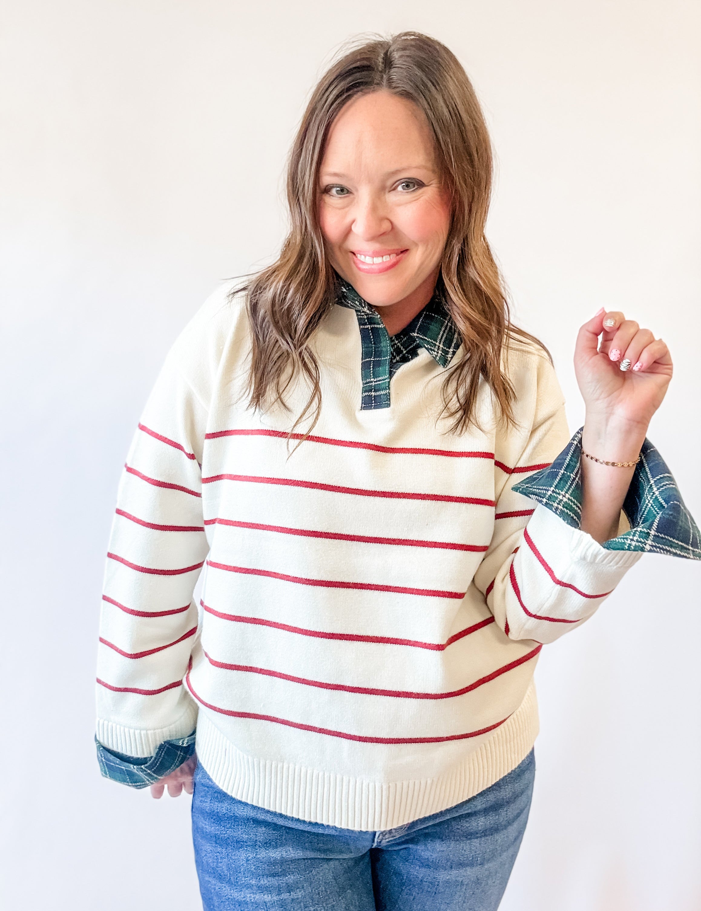 Cream Striped Sweater with Plaid Collar - Just a Small Town Girl