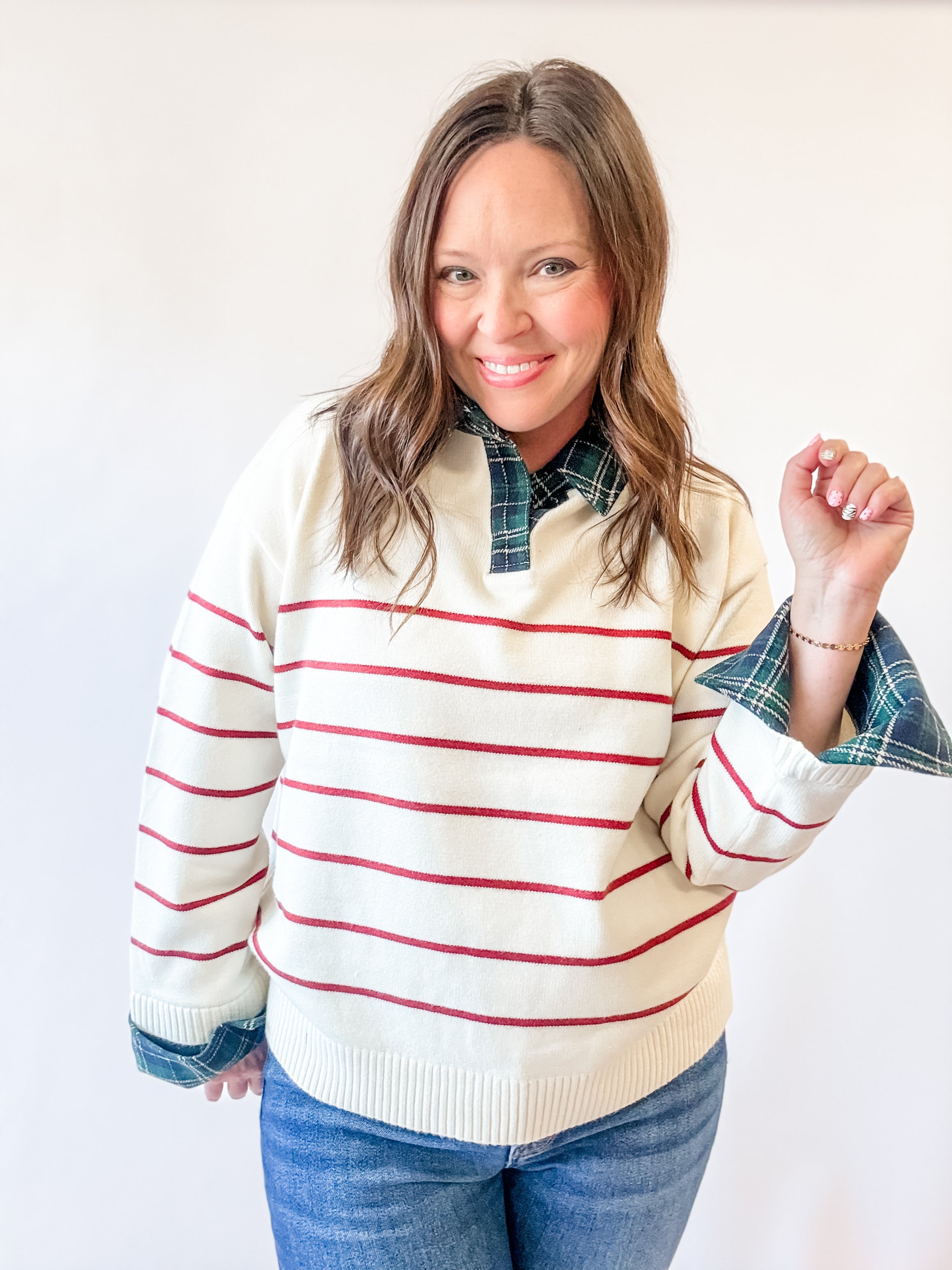 Cream Striped Sweater with Plaid Collar - Just a Small Town Girl
