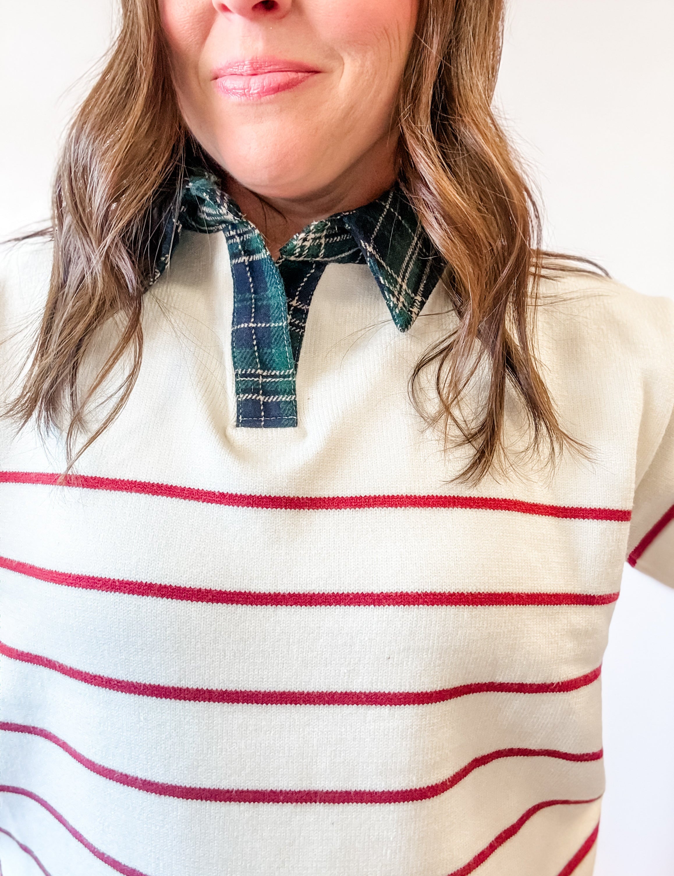 Cream Striped Sweater with Plaid Collar - Just a Small Town Girl