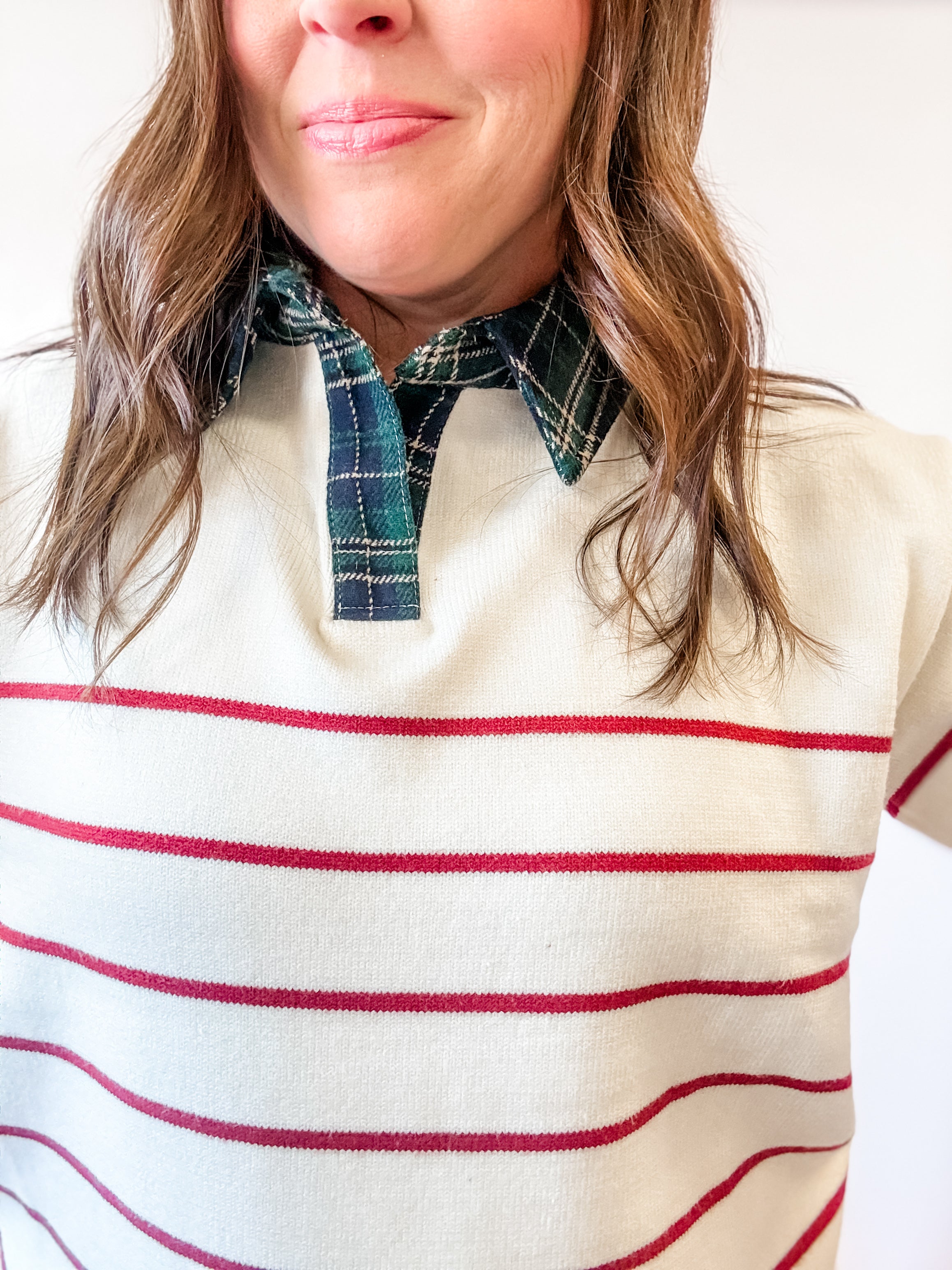 Cream Striped Sweater with Plaid Collar - Just a Small Town Girl