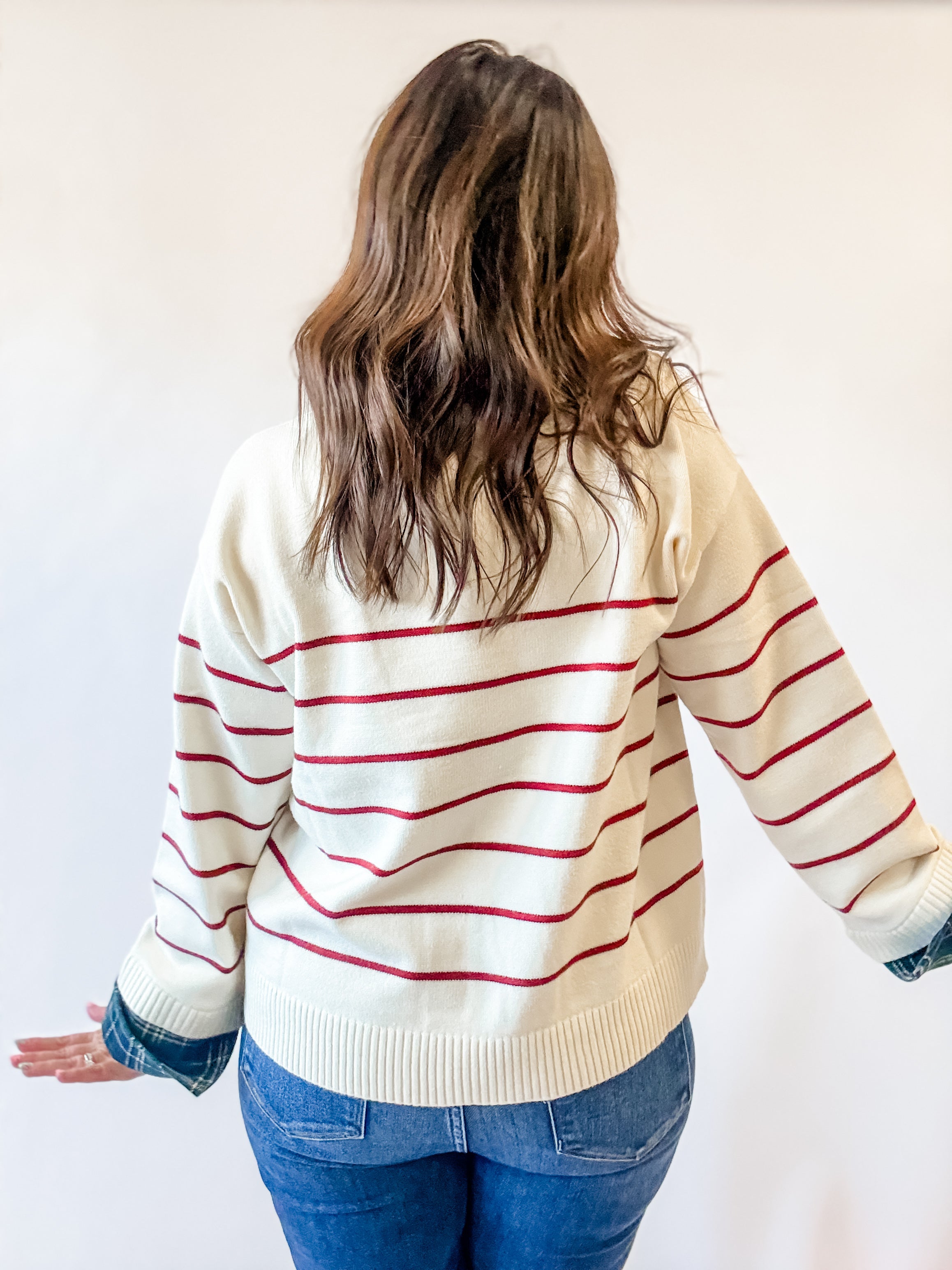 Cream Striped Sweater with Plaid Collar - Just a Small Town Girl