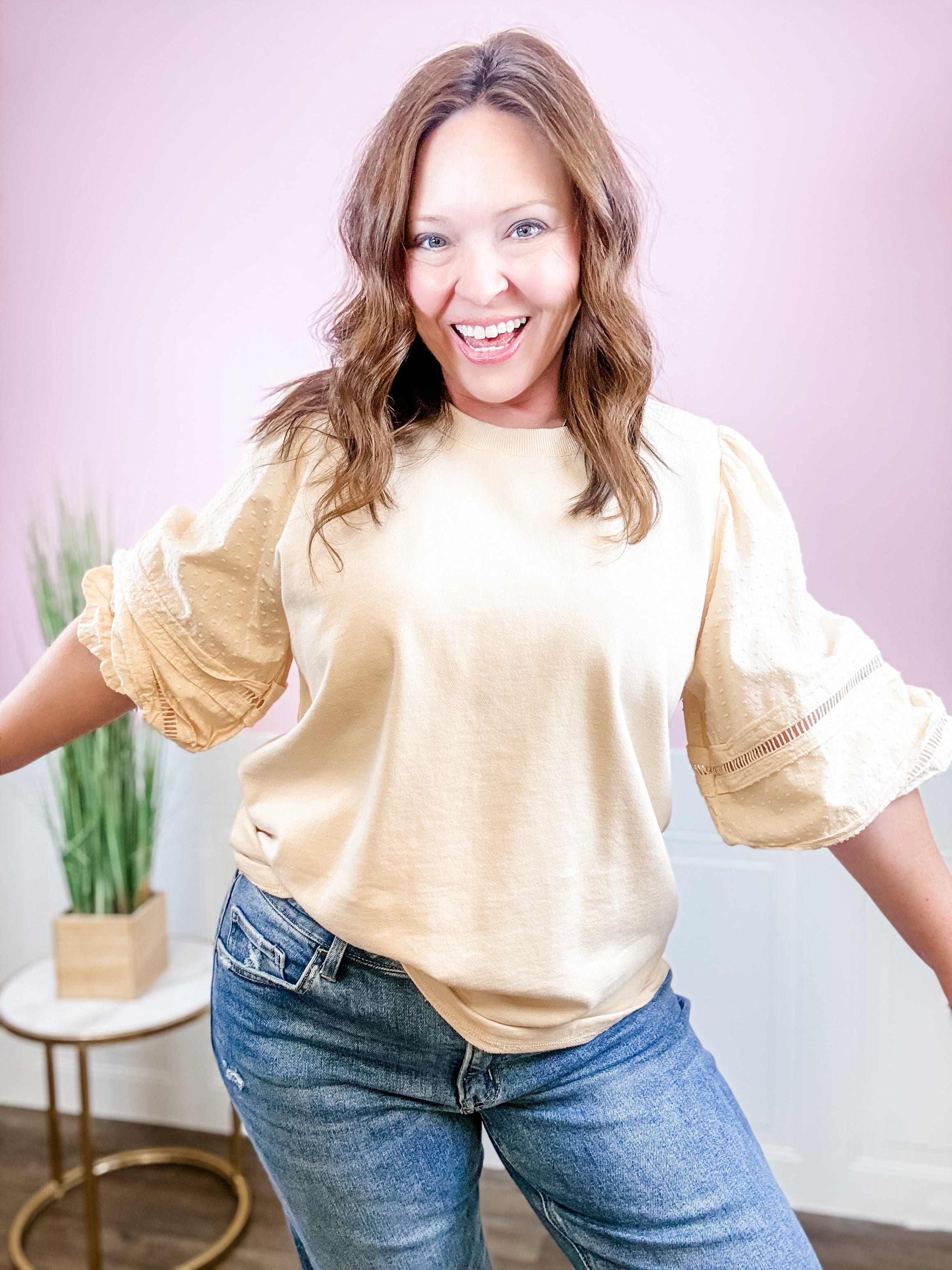 Cream Swiss Dot Balloon Sleeve Top - Just a Small Town Girl
