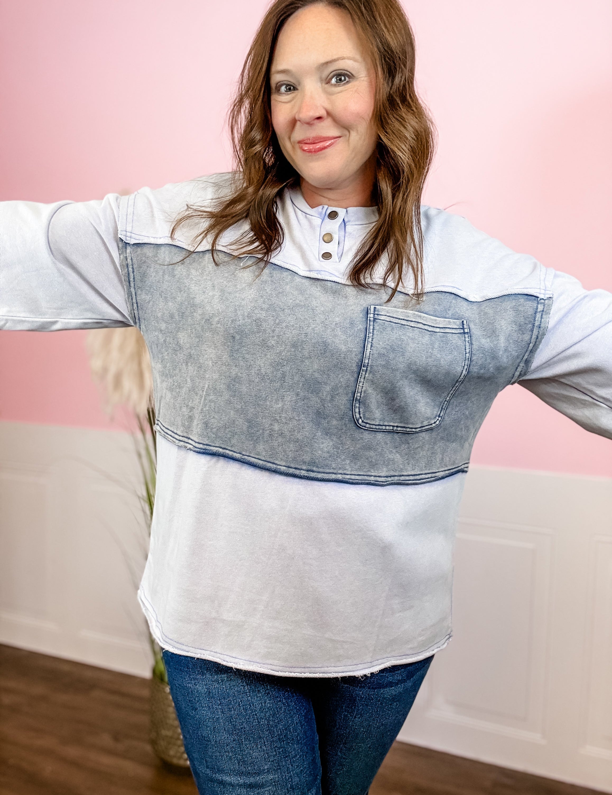 Denim Blue Colorblock Henley - Just a Small Town Girl