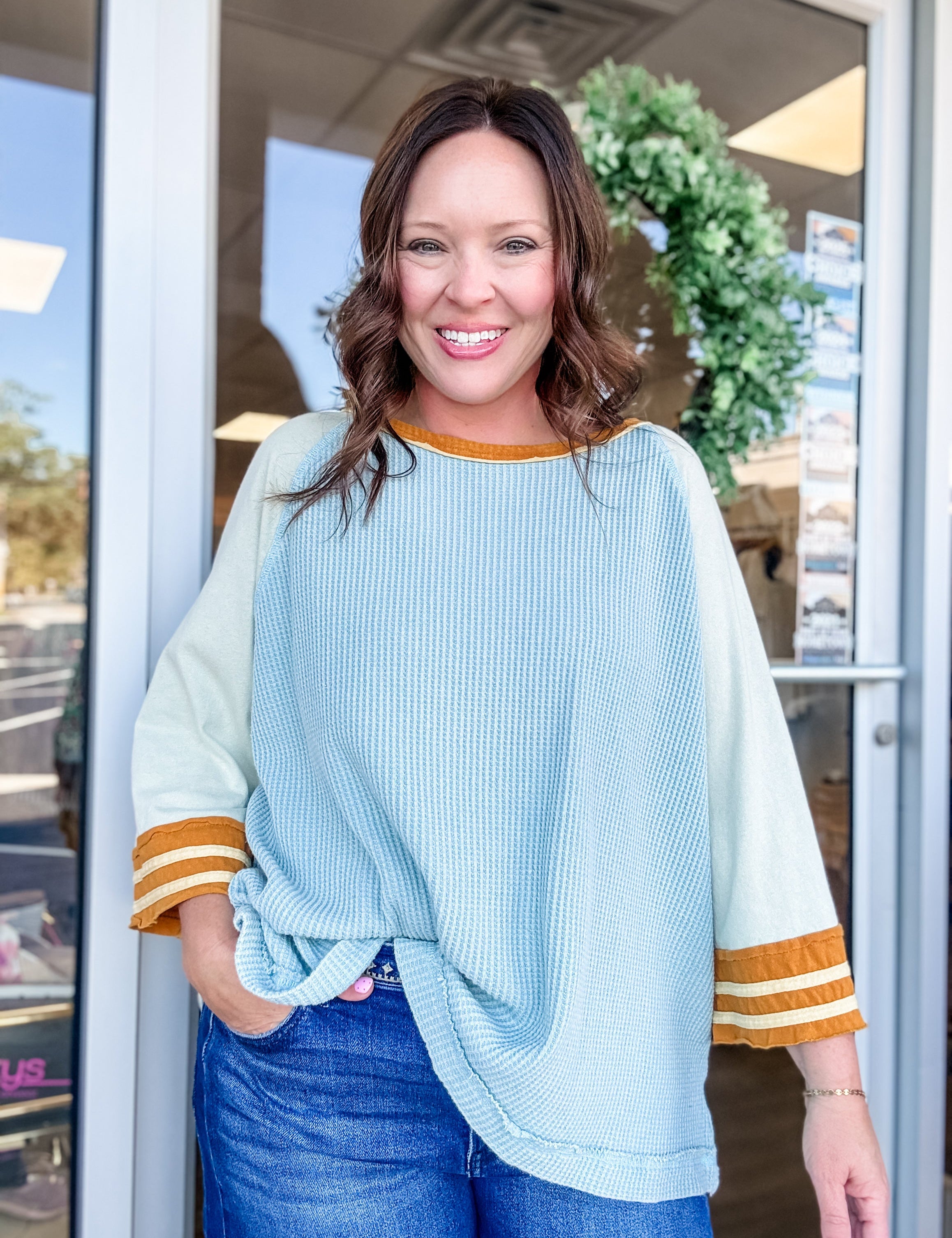 Dusty Blue Waffle Knit Raglan Top - Just a Small Town Girl