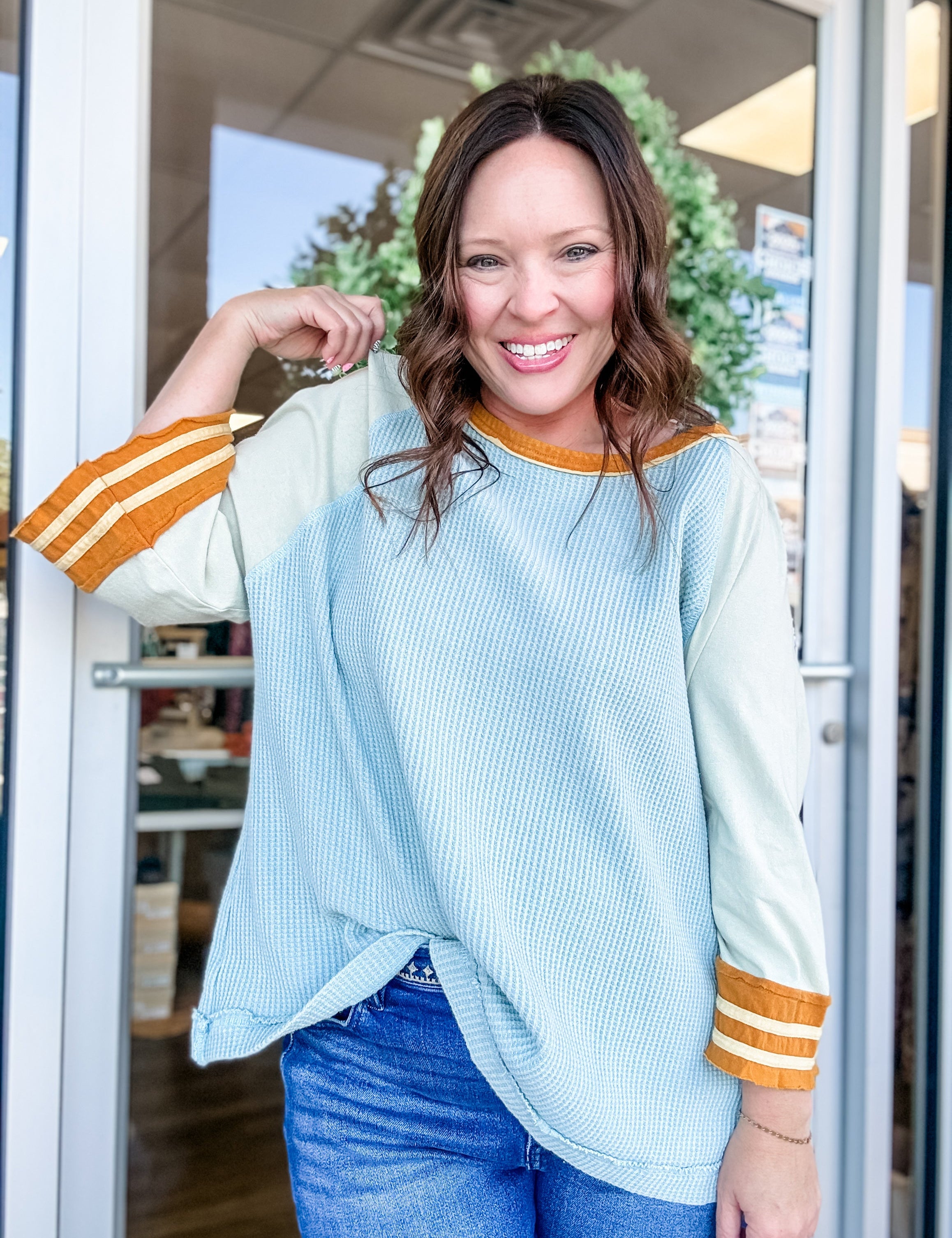 Dusty Blue Waffle Knit Raglan Top - Just a Small Town Girl