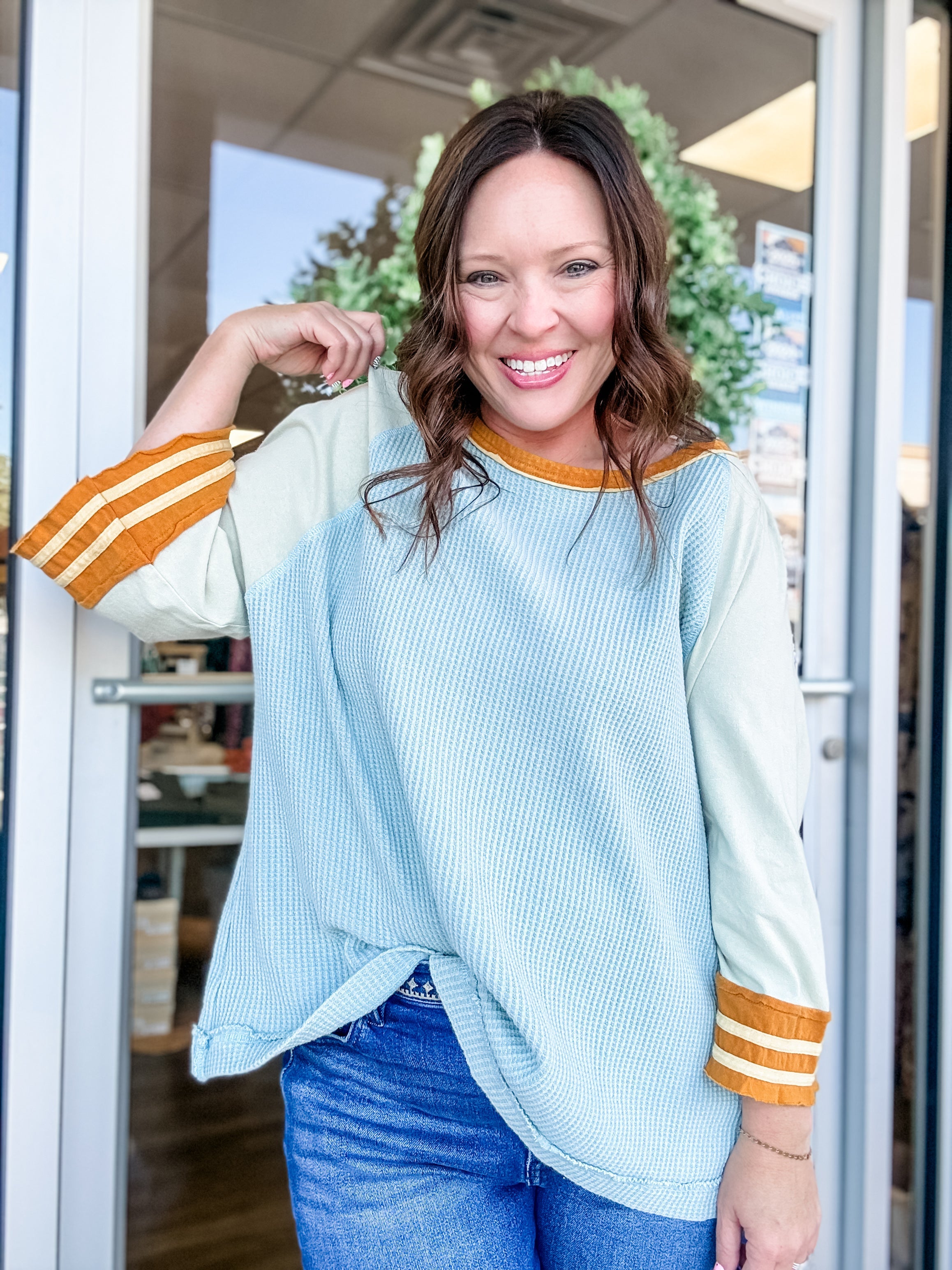 Dusty Blue Waffle Knit Raglan Top - Just a Small Town Girl