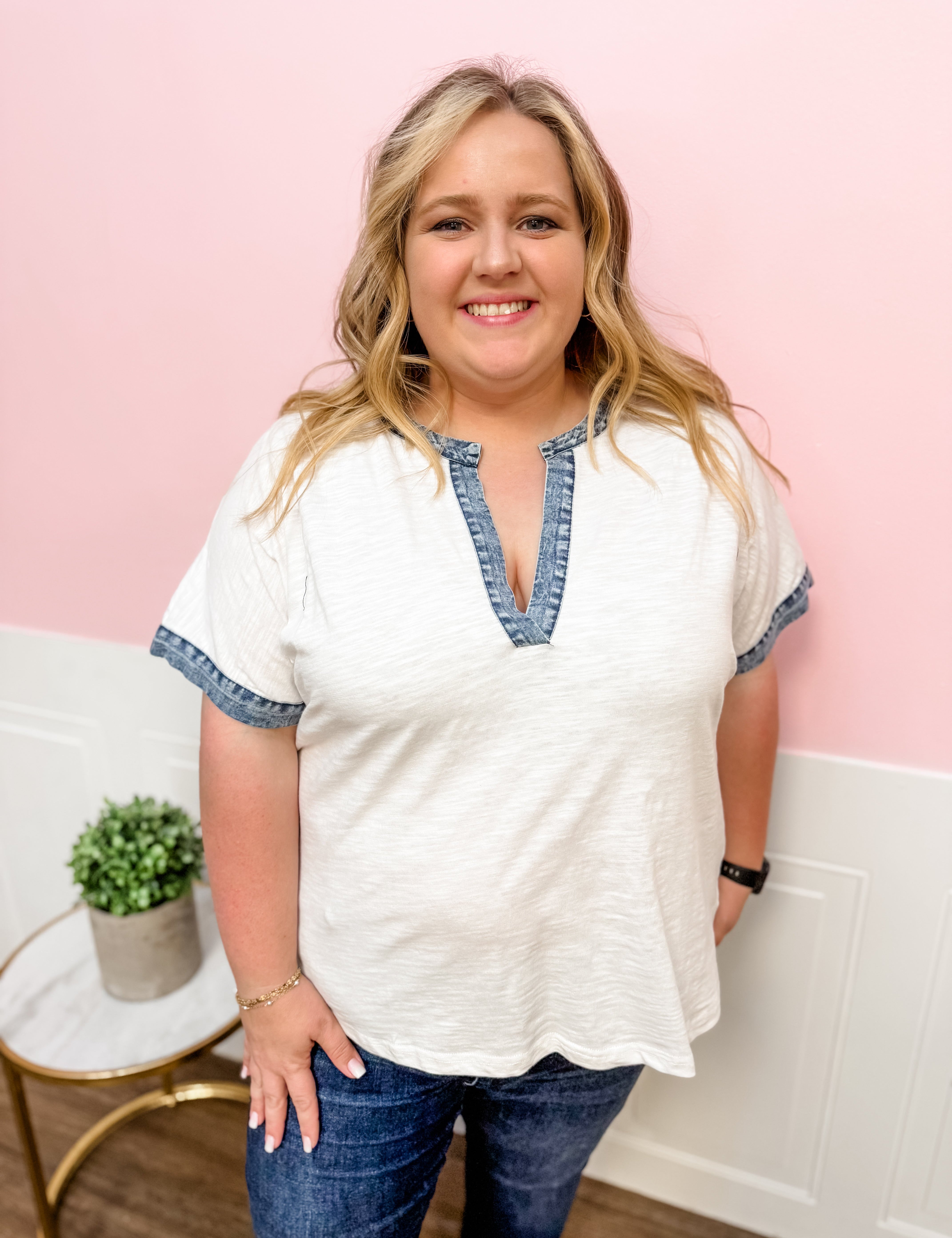 Easy Days Denim Trim Top: Plus Size - Just a Small Town Girl