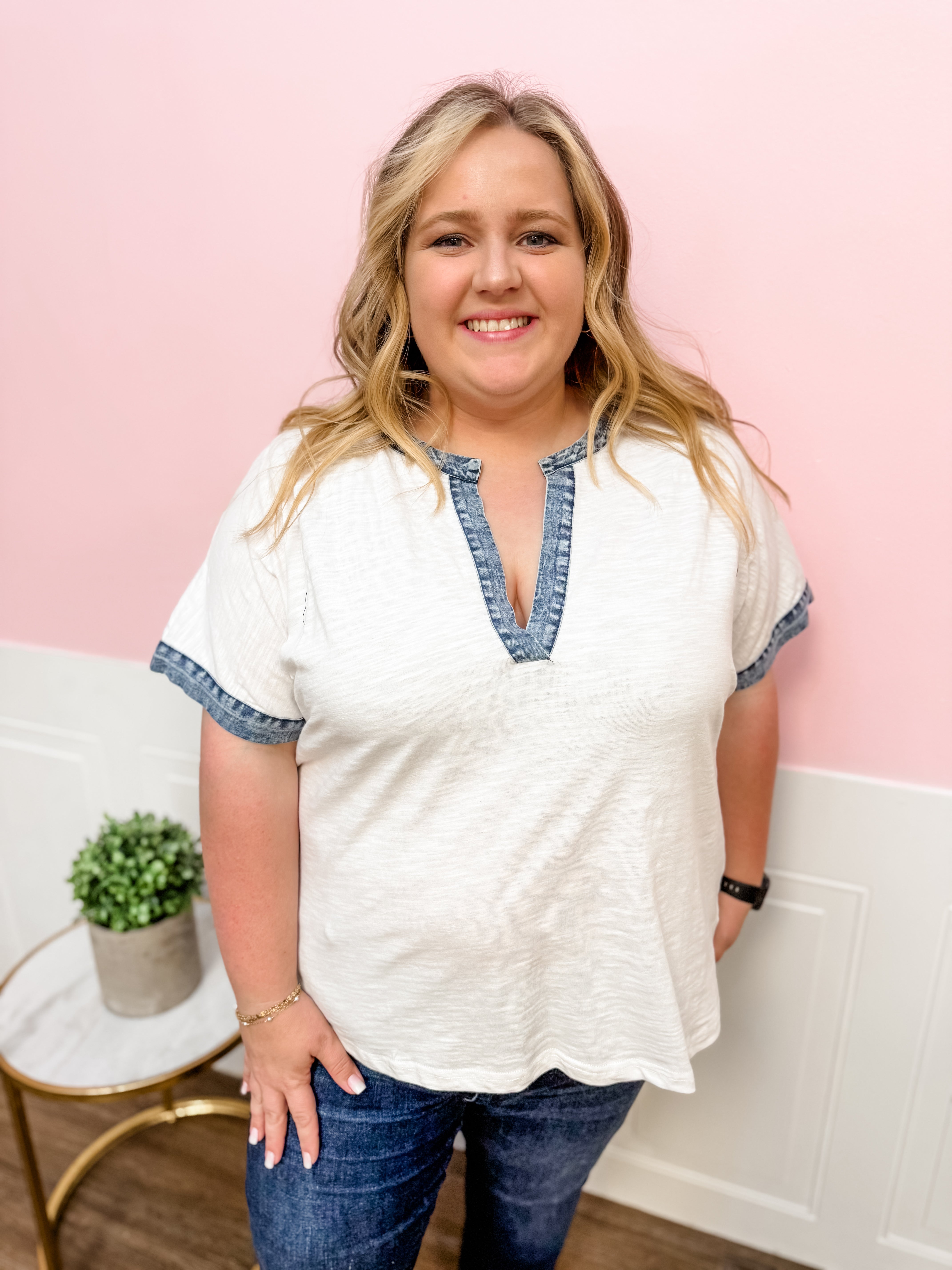 Easy Days Denim Trim Top: Plus Size - Just a Small Town Girl